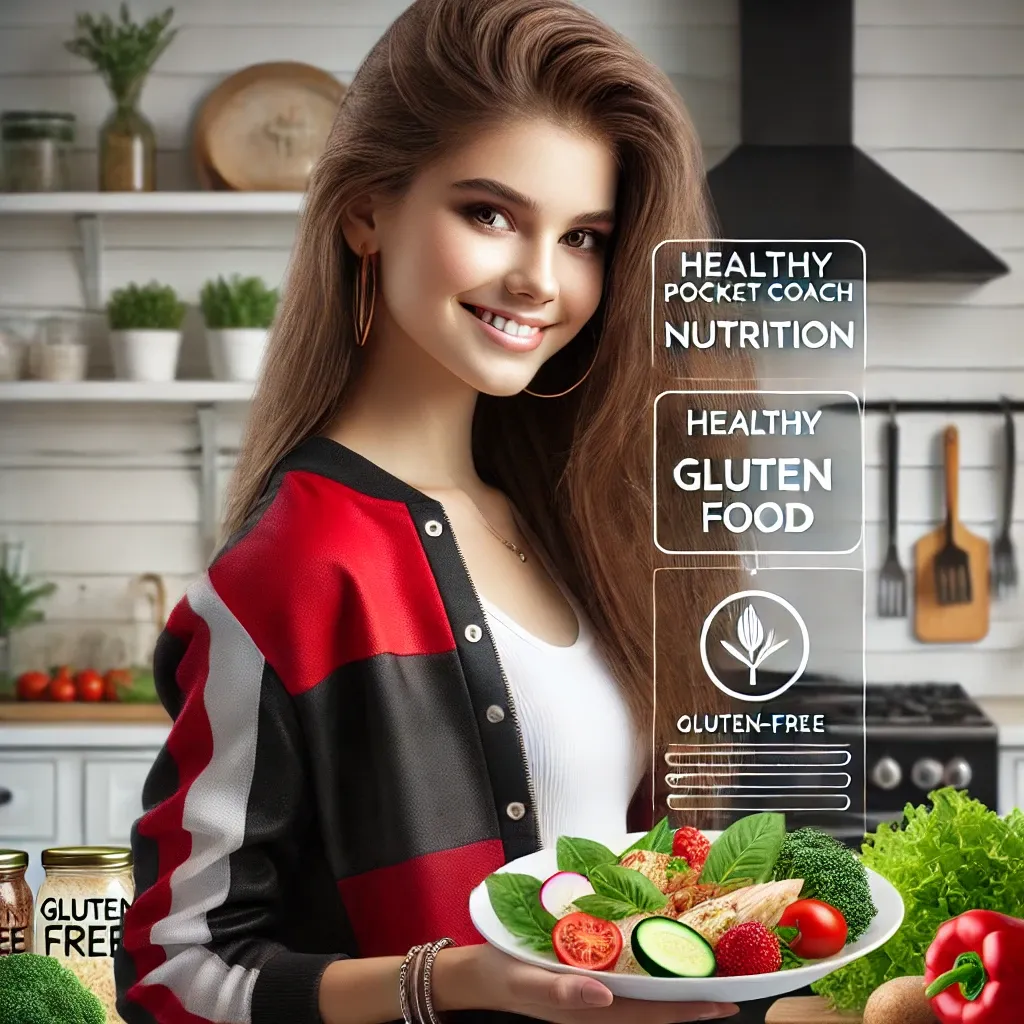 DALL·E 2024-07-29 16.59.22 - A realistic image featuring a teenage girl in a kitchen setting, highlighting healthy and gluten-free food options. She is smiling and holding a plate.webp