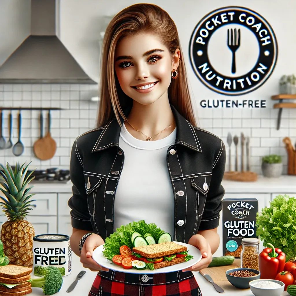 DALL·E 2024-07-29 16.59.27 - A realistic image featuring a teenage girl in a kitchen setting, highlighting healthy and gluten-free food options. She is smiling and holding a plate.webp