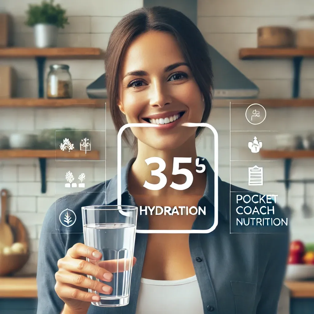 DALL·E 2024-07-29 17.25.40 - A realistic and eye-catching image featuring a 35-year-old woman in a kitchen setting, highlighting the importance of hydration. She is smiling and dr.webp