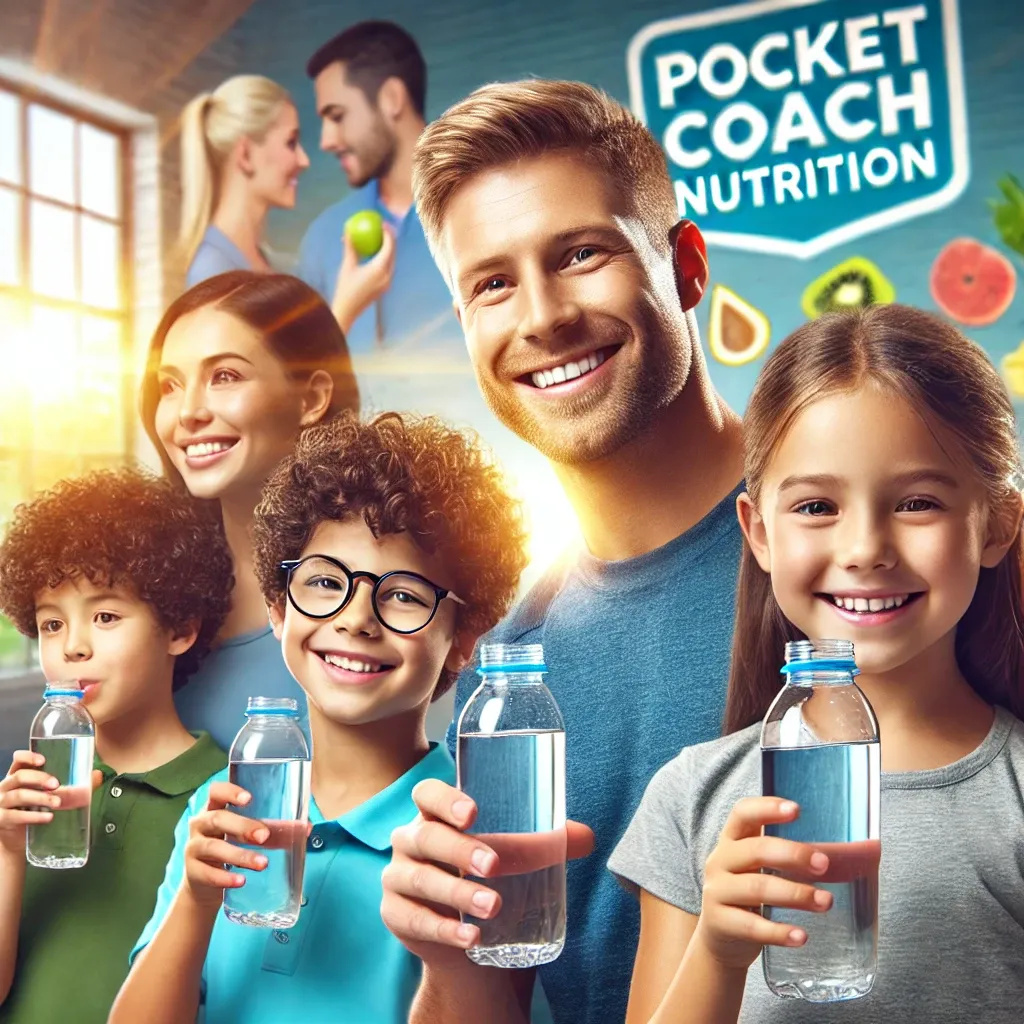 DALL·E 2024-07-29 17.32.09 - A realistic and eye-catching image featuring a group of children and adults drinking water from glasses or bottles. The setting is bright and vibrant,.webp