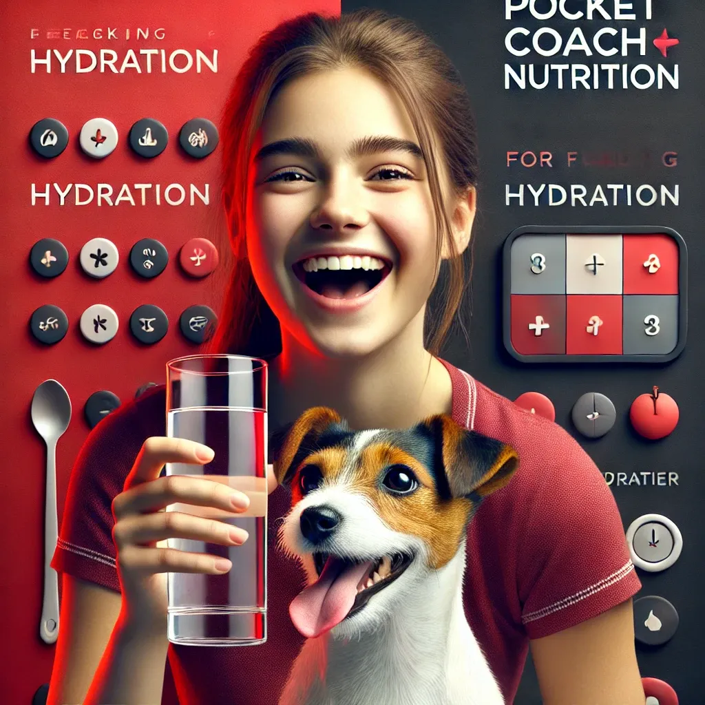 DALL·E 2024-07-29 17.38.08 - A realistic and eye-catching image featuring a teenage girl laughing and drinking water from a glass or bottle, with her pet beside her. The setting e.webp