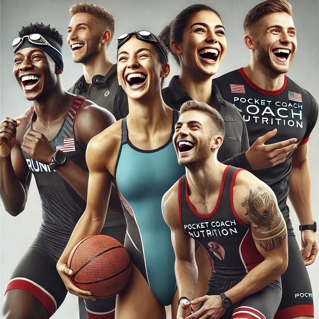 DALL·E 2024-07-30 15.05.43 - A realistic and eye-catching image featuring five athletes from different sports laughing together. The athletes should be easily identifiable by thei.webp