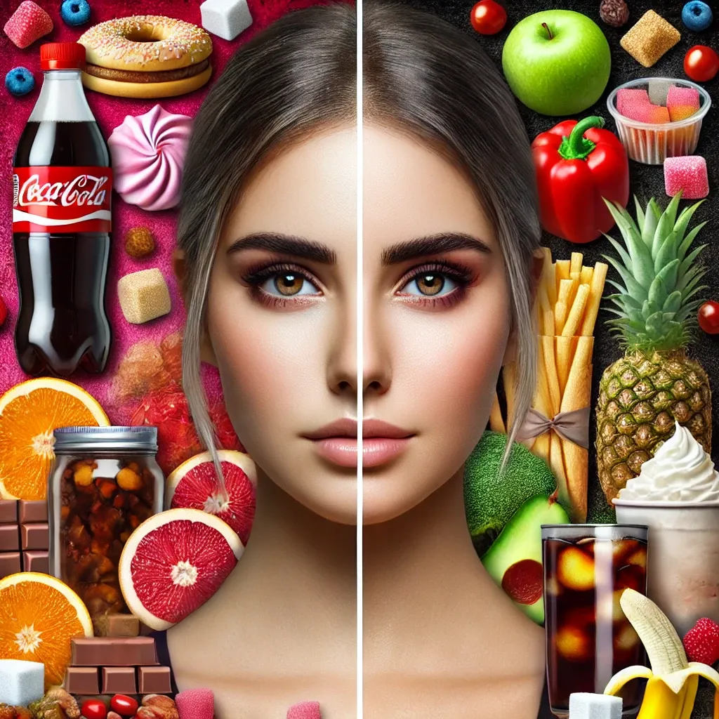 DALL·E 2024-07-30 15.19.39 - A realistic and eye-catching image divided into two sides. On the left side, a young woman is surrounded by unhealthy sugary foods like sodas, candies.webp