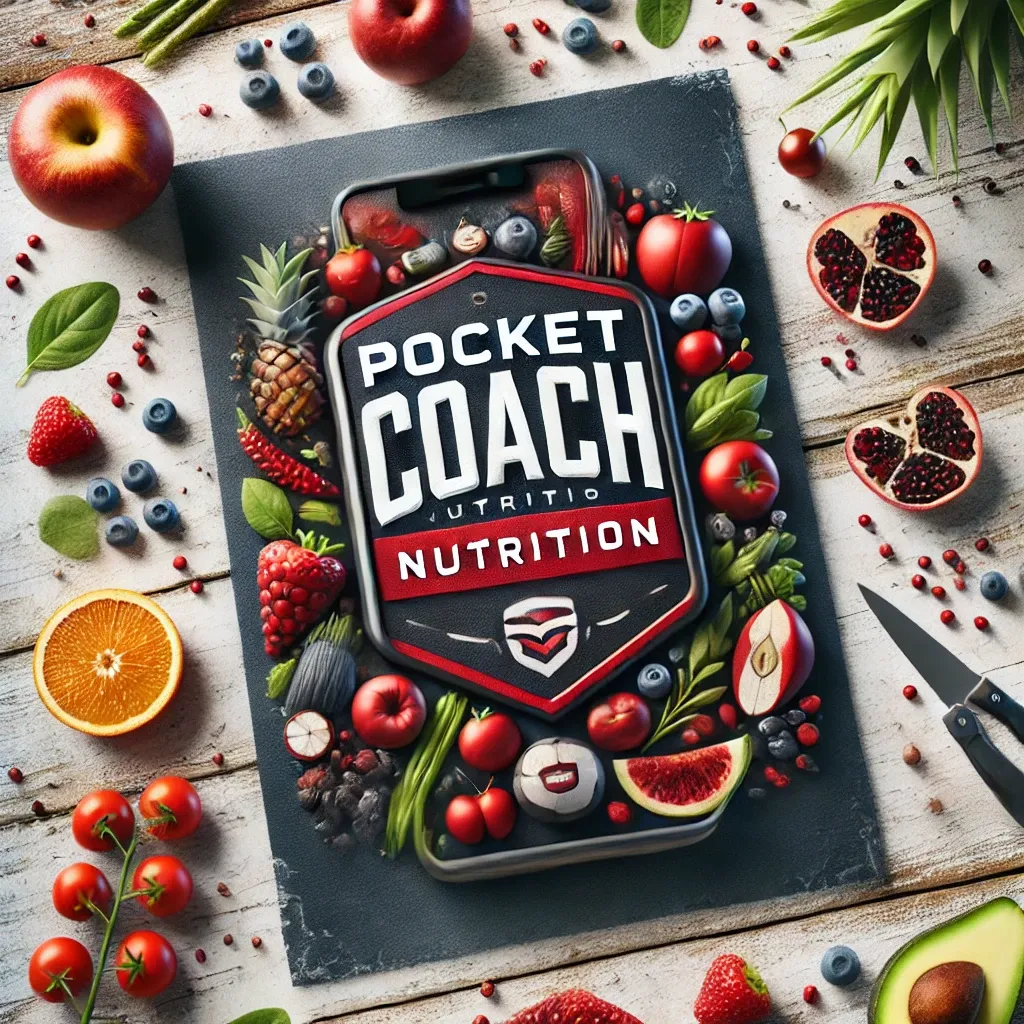 DALL·E 2024-07-30 15.21.51 - A realistic and eye-catching image prominently featuring the Pocket Coach Nutrition logo and branding, with the colors red and black as the primary fo.webp