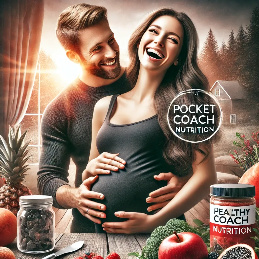 DALL·E 2024-07-31 17.08.13 - A realistic and eye-catching image featuring a pregnant woman laughing with her partner in a serene environment. The image emphasizes the colors red a.webp