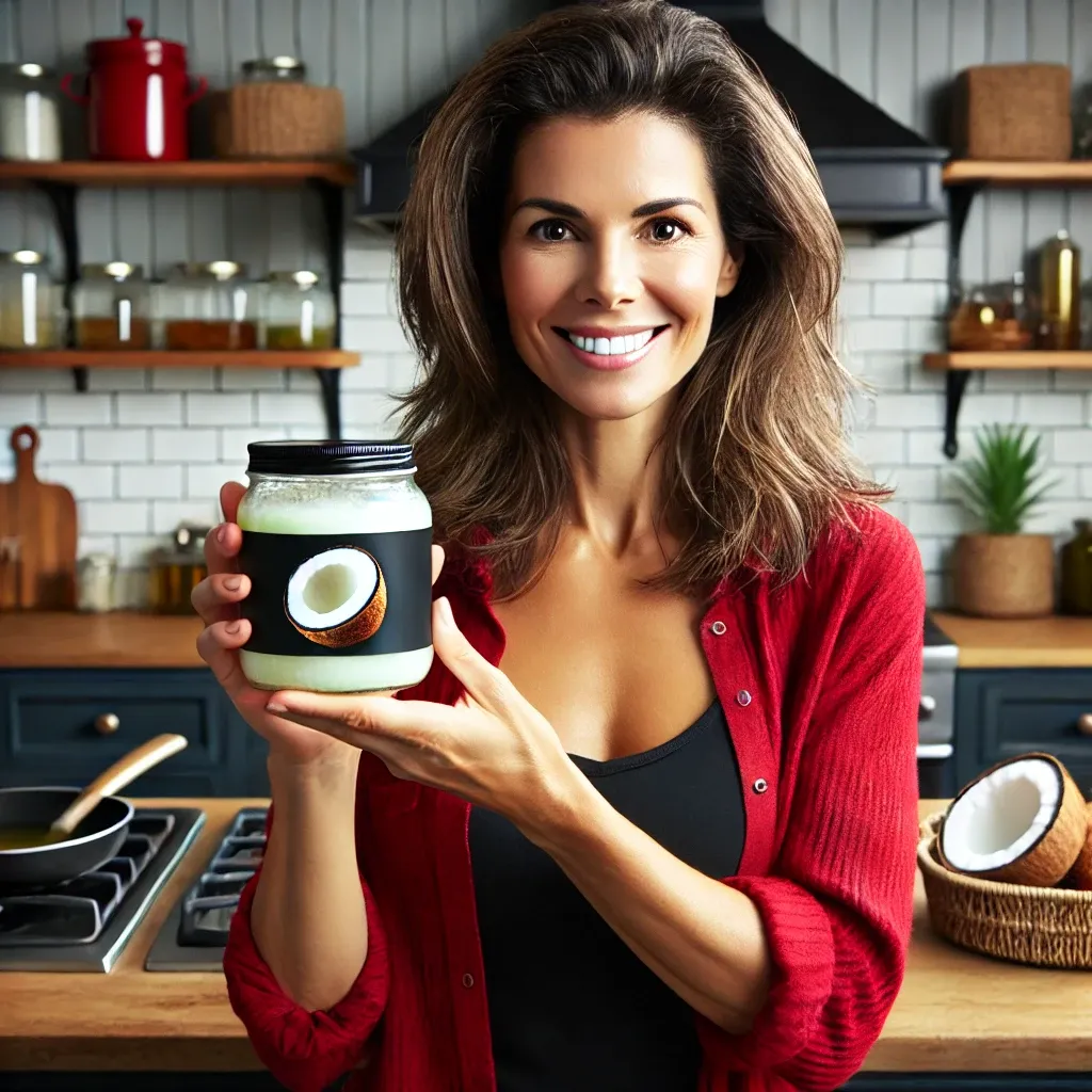 DALL·E 2024-08-01 16.59.04 - A 40-year-old woman in her modern, well-lit kitchen, prominently displaying a jar of coconut oil with a smile. The kitchen has a color scheme emphasiz.webp