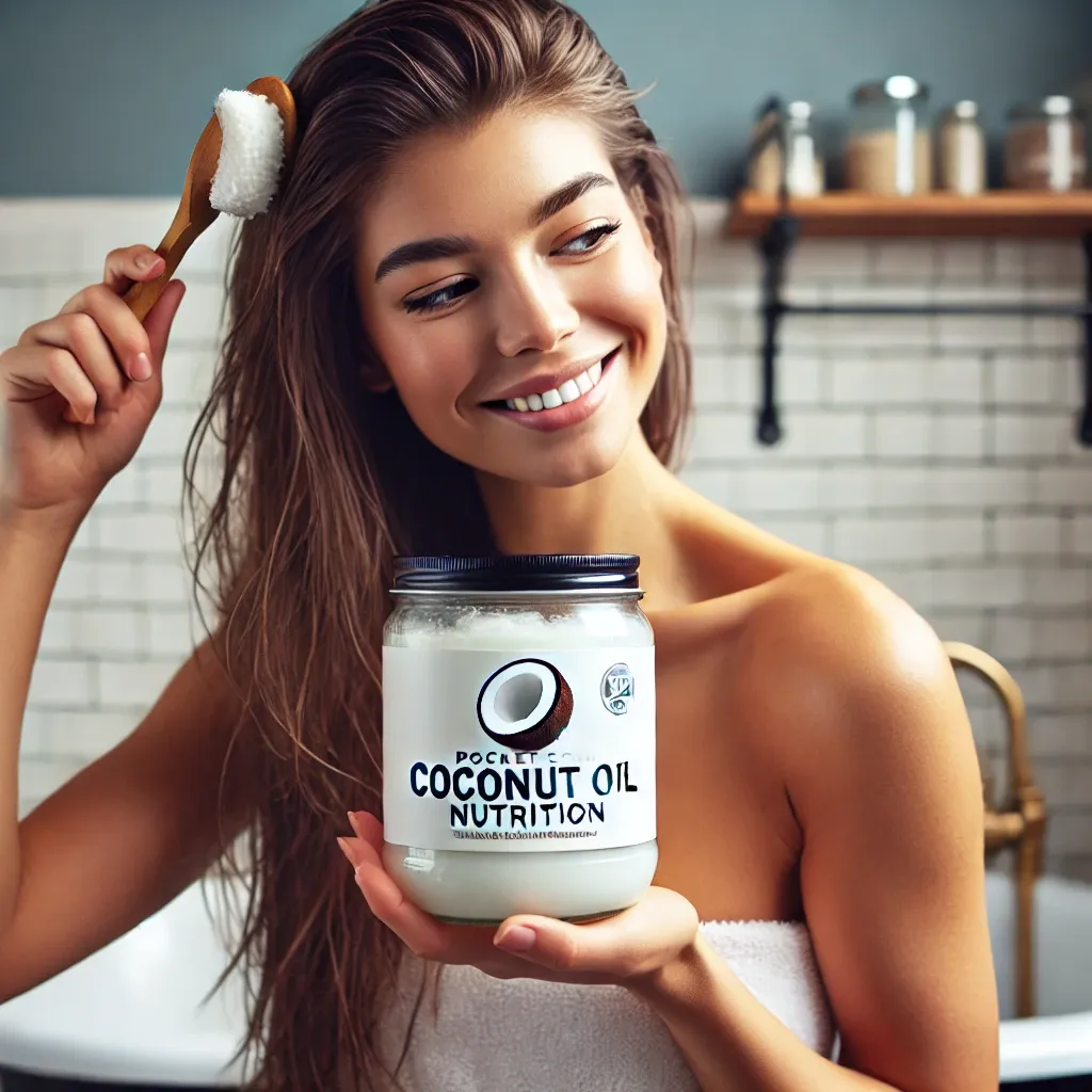 DALL·E 2024-08-01 17.00.10 - A 28-year-old woman in a well-lit bathroom, applying coconut oil to her hair. She is smiling and looks content. The jar of coconut oil prominently dis.webp