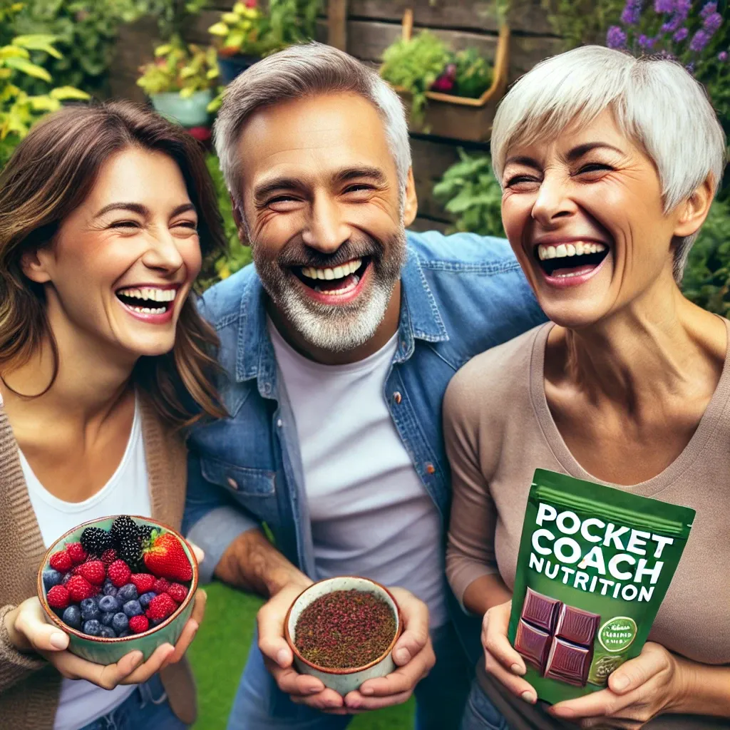 DALL·E 2024-08-01 17.15.53 - Three people, around 36 years old, laughing and enjoying themselves in a garden setting. They are holding foods rich in polyphenols, such as berries, .webp