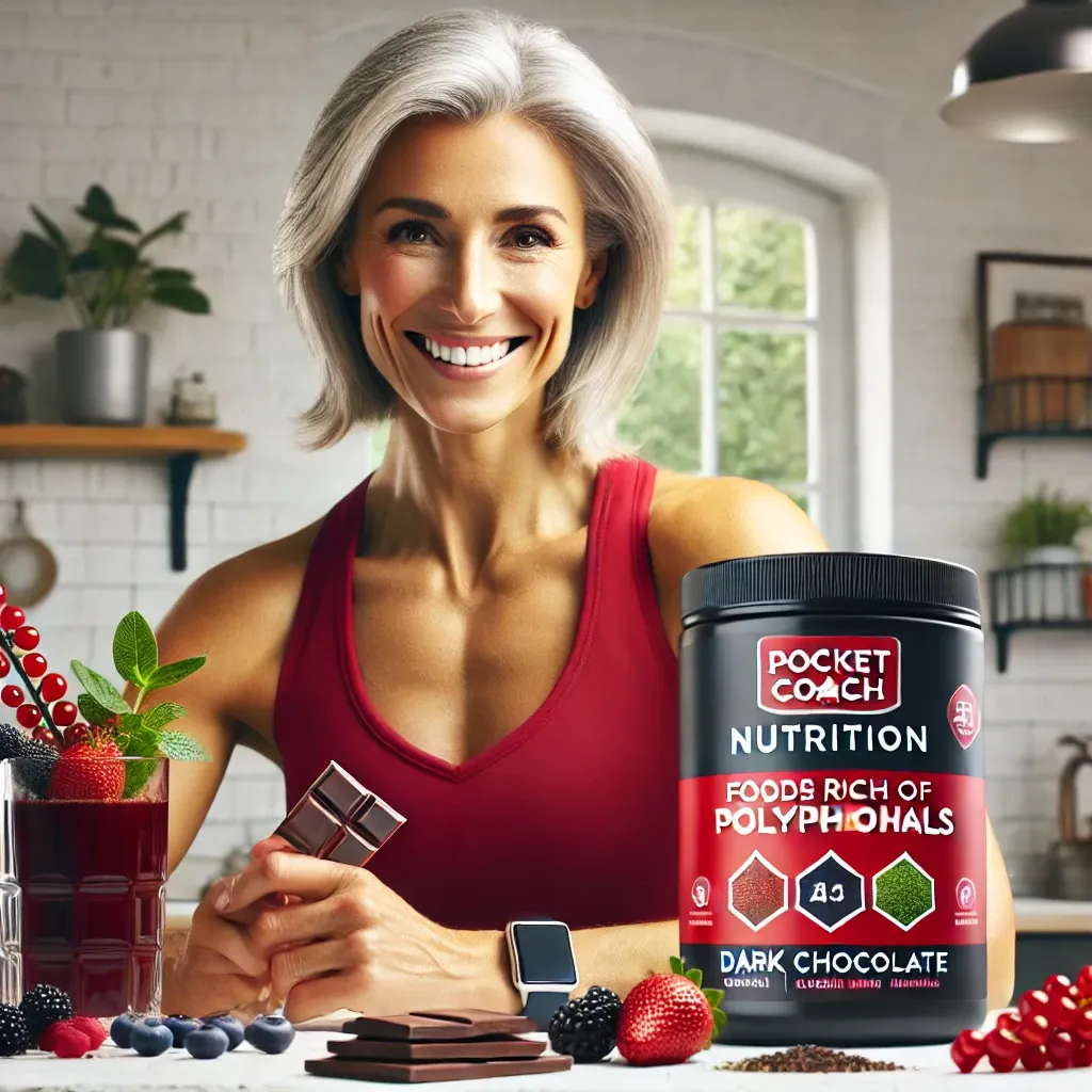 DALL·E 2024-08-01 17.15.59 - A 46-year-old woman in a modern, well-lit setting, prominently featuring red and black colors. She is smiling and looks healthy, holding foods rich in.webp
