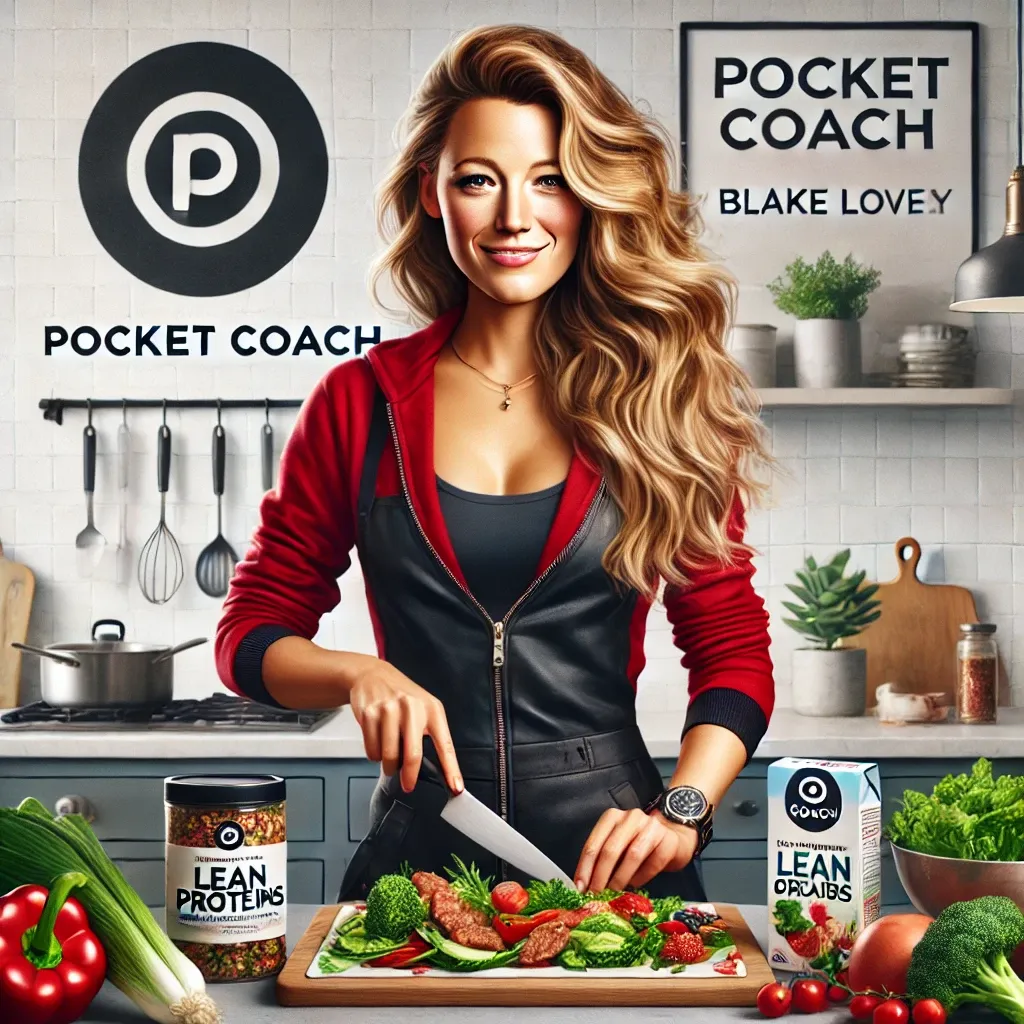 DALL·E 2024-08-07 16.37.46 - A realistic square image (1_1) featuring Blake Lively in a kitchen setting, preparing a nutritious meal with fresh vegetables, lean proteins, and whol.webp