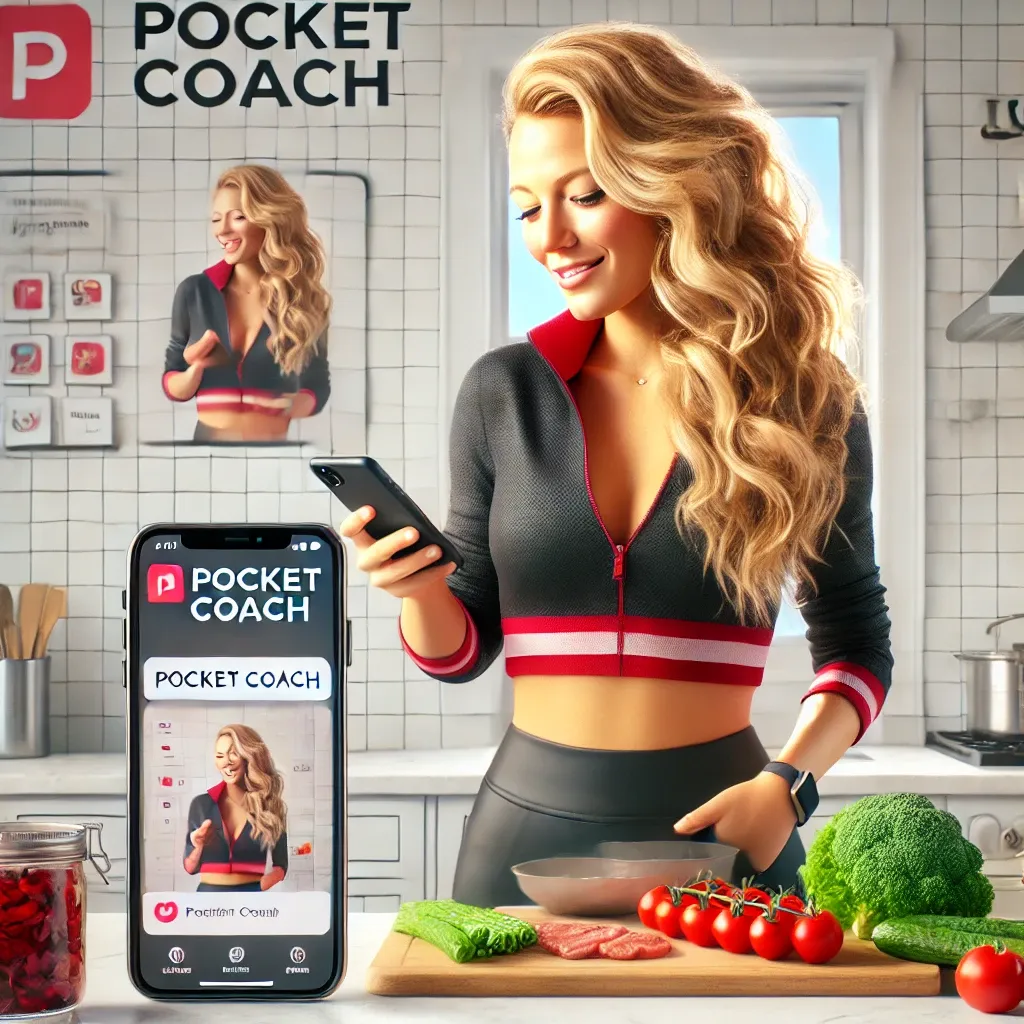 DALL·E 2024-08-07 16.38.06 - A realistic square image (1_1) featuring Blake Lively in a modern kitchen, using the Pocket Coach app on her phone while preparing a healthy meal with.webp