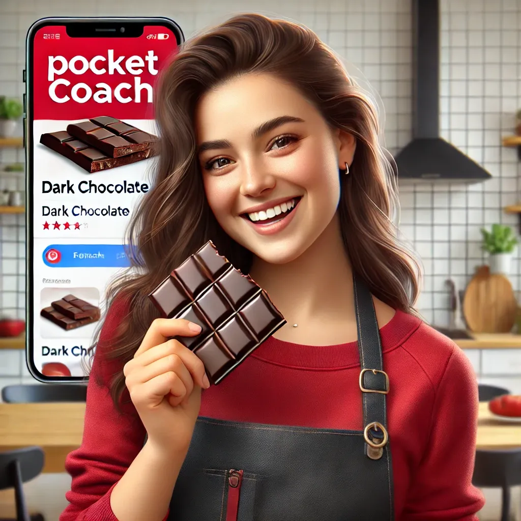DALL·E 2024-08-07 16.56.06 - A realistic square image (1_1) featuring a young woman happily eating dark chocolate in a modern kitchen setting. She is smiling and clearly enjoying .webp