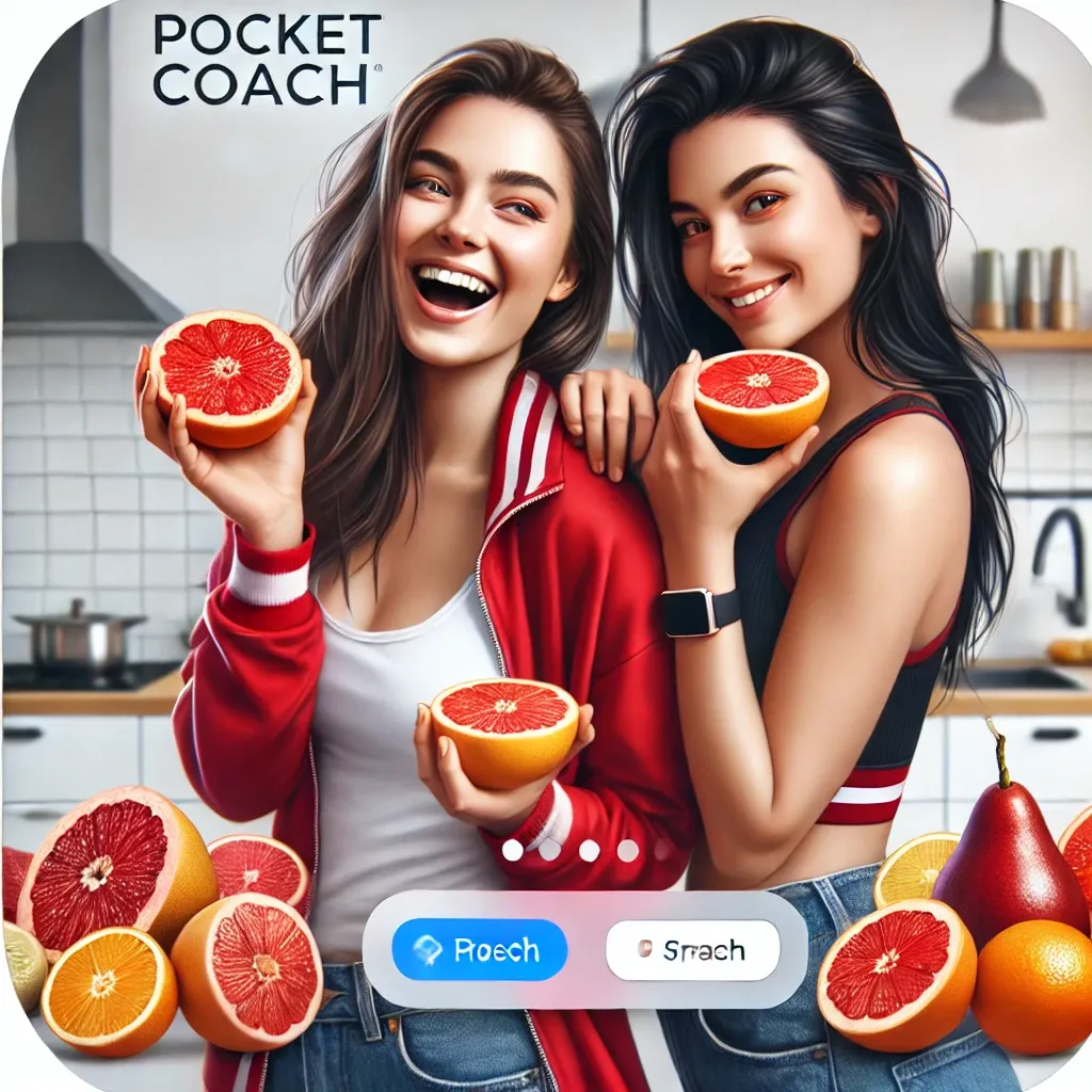 DALL·E 2024-08-07 16.56.58 - A realistic square image (1_1) featuring two young women happily eating citrus fruits such as oranges and grapefruits in a modern kitchen setting. The.webp