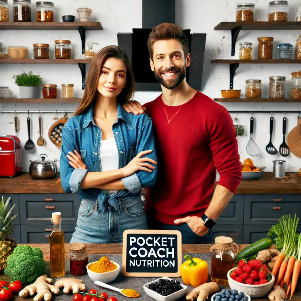 DALL·E 2024-08-08 16.14.55 - Two vibrant and healthy individuals in their early 30s, one male and one female, standing in a cozy and modern kitchen. They are surrounded by ingredi.webp