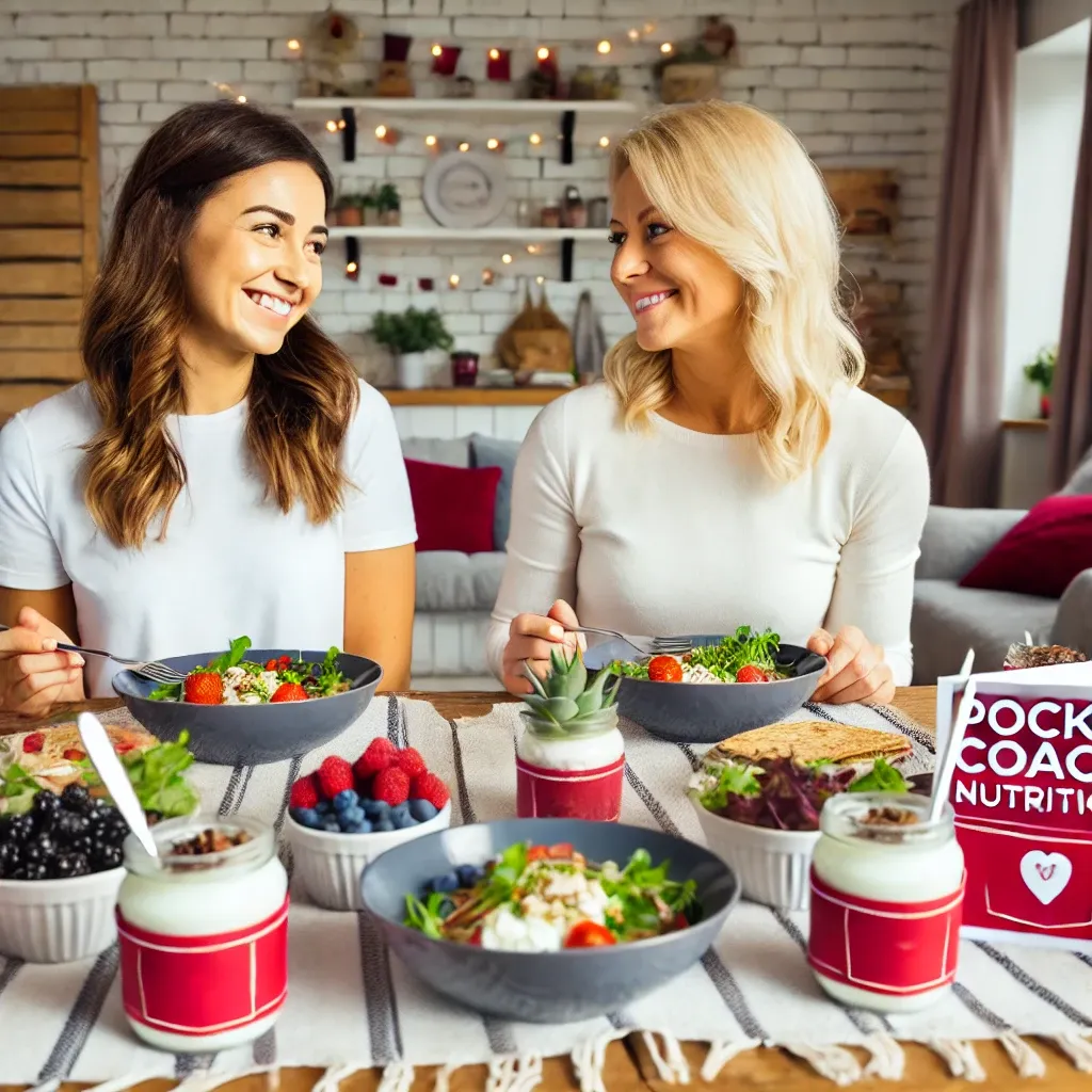 DALL·E 2024-08-08 16.28.21 - A realistic image of two women in their early 30s enjoying a meal together in a cozy, modern dining setting. The table is filled with healthy, anti-in.webp