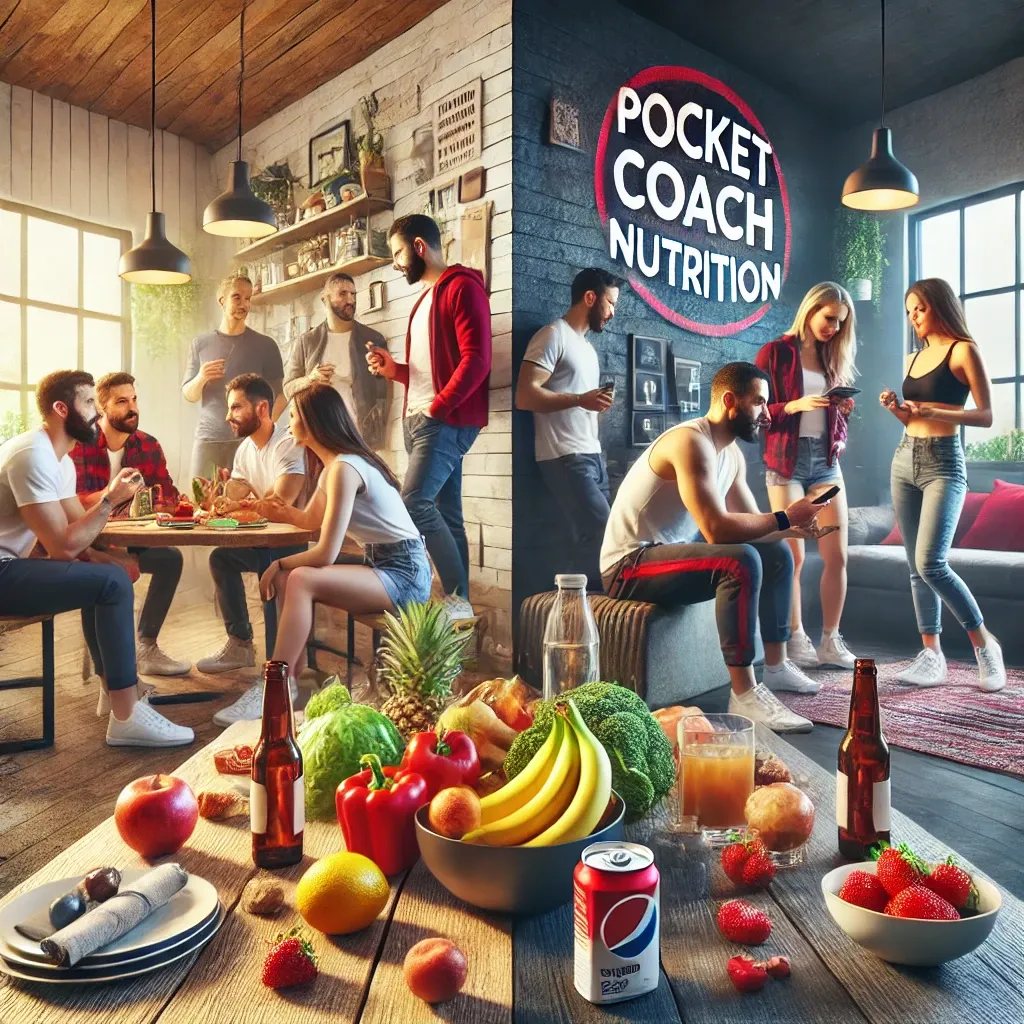 DALL·E 2024-08-08 17.08.46 - A vibrant and realistic image of a group of friends in their 30s, gathered together in a modern living room or dining area. The scene contrasts unheal.webp