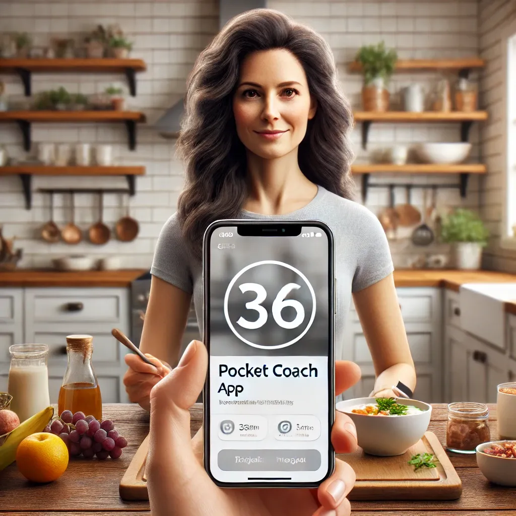 DALL·E 2024-08-12 18.23.29 - Create a realistic image of a 36-year-old woman, symbolizing health and vitality, engaging with the Pocket Coach app on her phone. The woman should be.webp