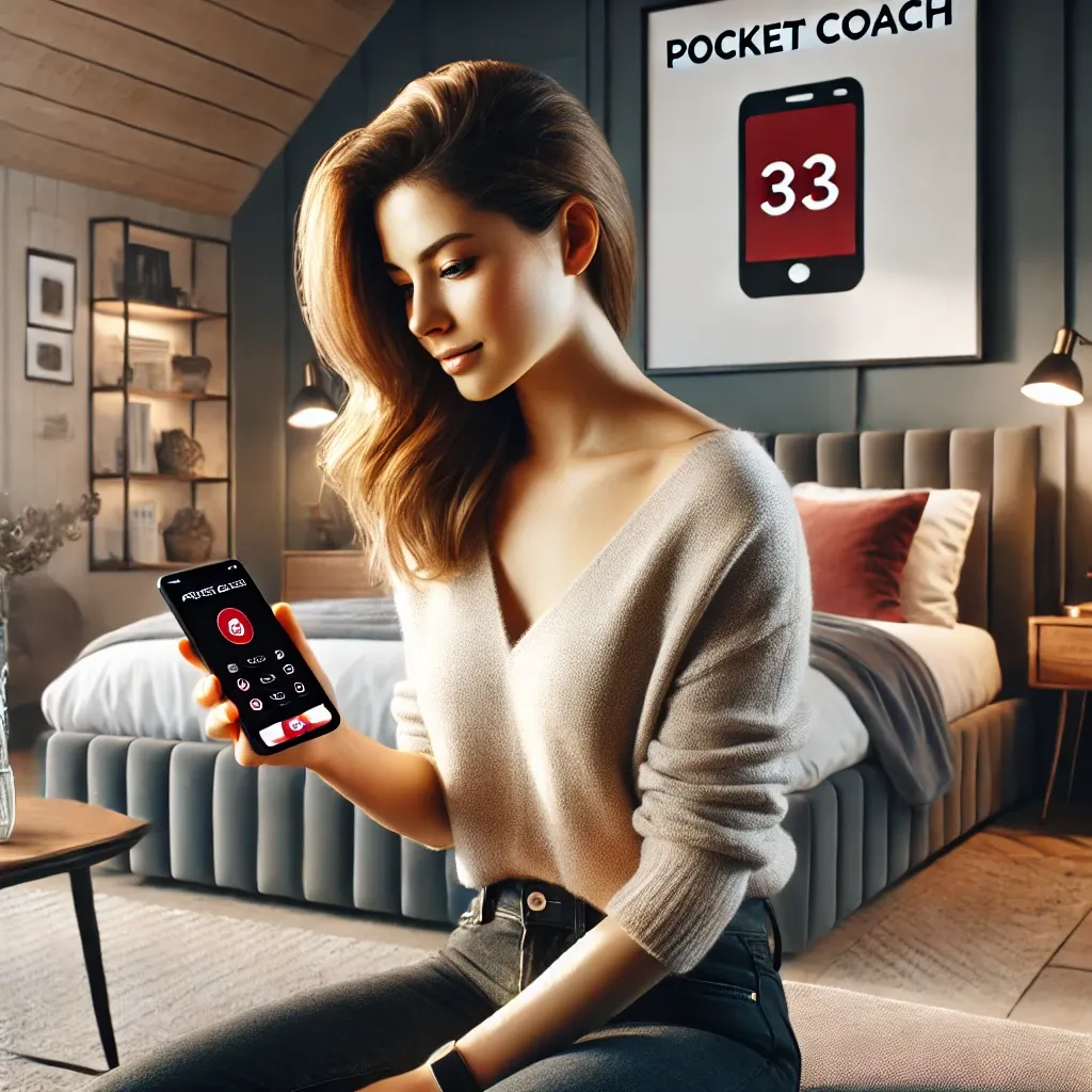 DALL·E 2024-08-12 18.25.19 - Create a realistic image of a young woman in her mid-20s, sitting in a stylish bedroom, engaging with the Pocket Coach app on her phone. The environme.webp