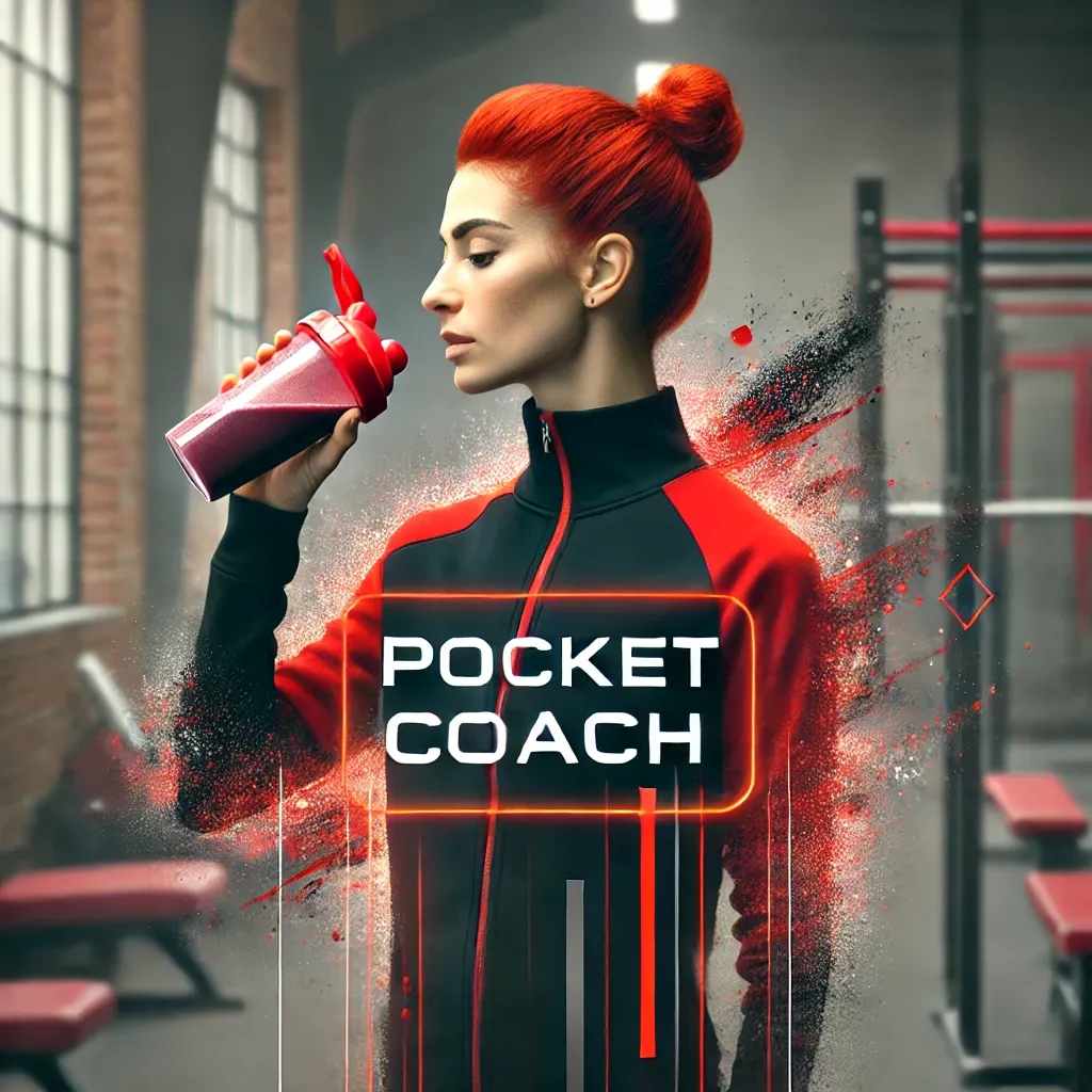 DALL·E 2024-08-12 19.08.47 - Create a realistic image of a red-haired woman in a gym, drinking a protein shake. The image should prominently feature the Pocket Coach brand, with r.webp