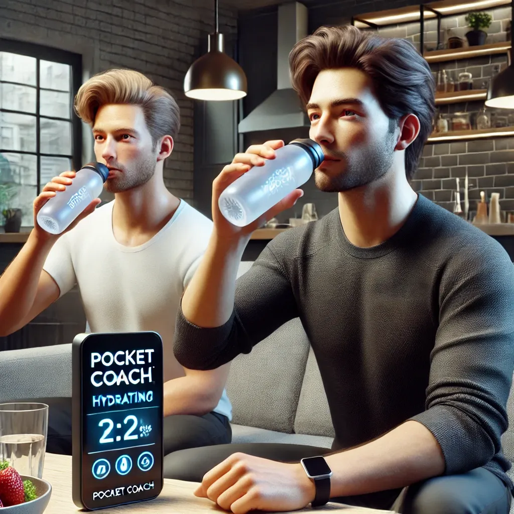 DALL·E 2024-08-12 19.09.45 - Create a realistic image of two young men in their mid-20s hydrating in a modern living room or lounge area, with the Pocket Coach brand prominently d.webp