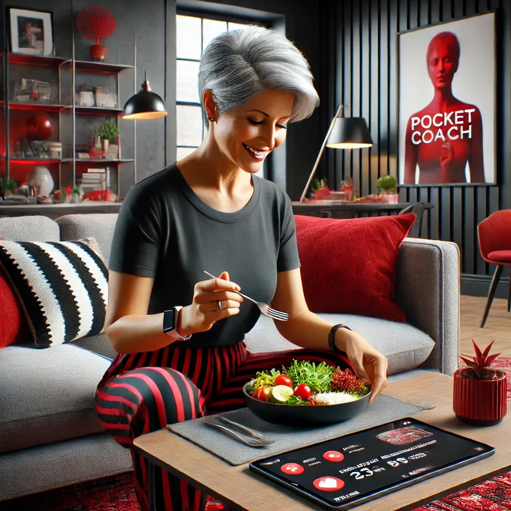 DALL·E 2024-08-15 15.55.35 - A realistic image of a 65-year-old woman sitting in a stylish, modern living room with red and black accents, eating a healthy meal. The woman has sho.webp