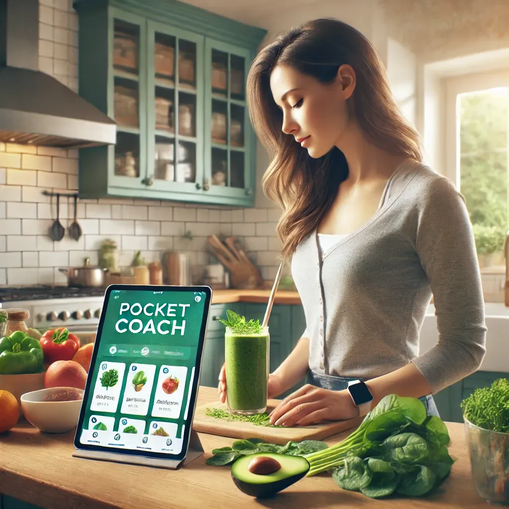DALL·E 2024-08-15 16.09.24 - A realistic image featuring a young woman in a modern kitchen, with a large tablet or laptop on the counter displaying the 'Pocket Coach' app prominen.webp