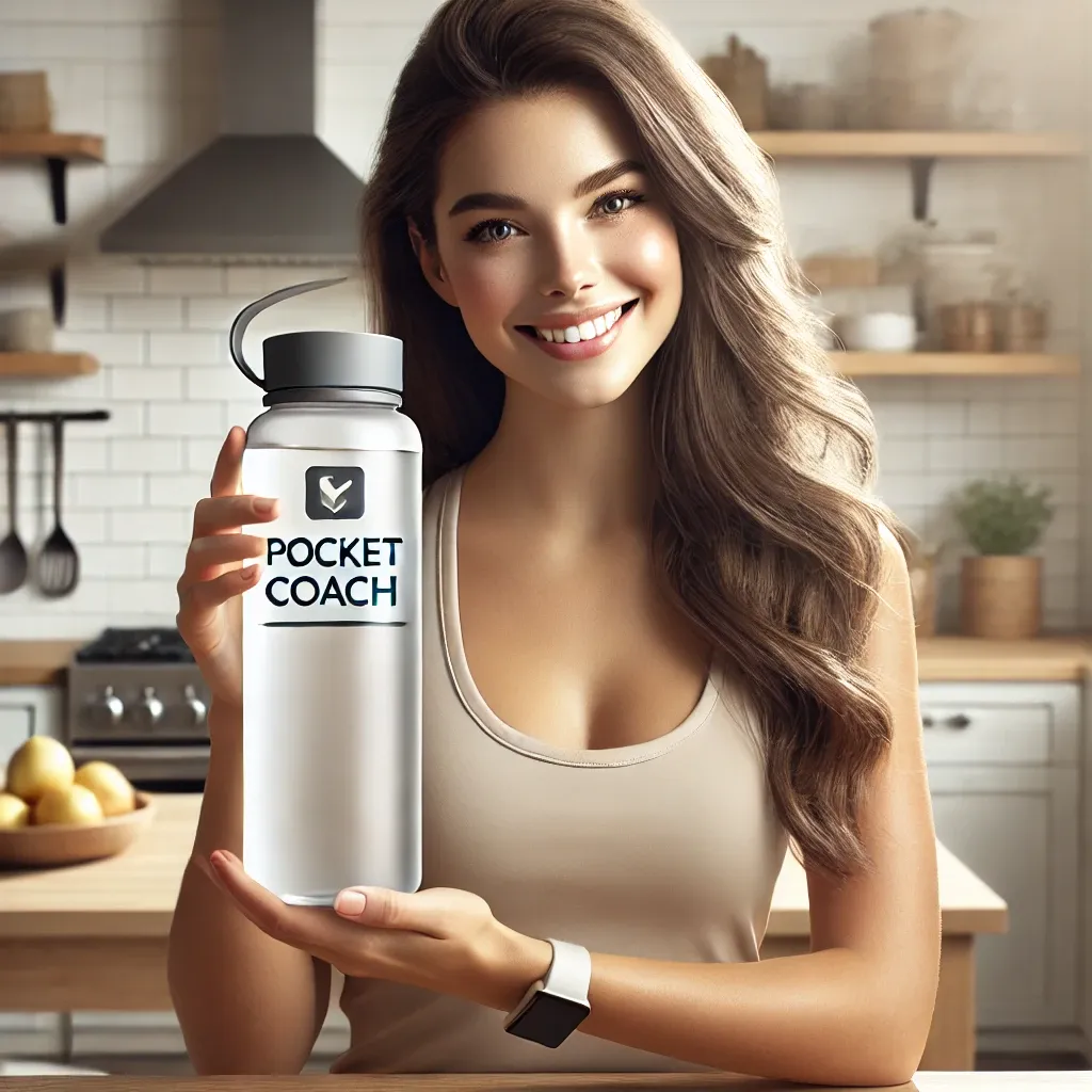 DALL·E 2024-08-15 16.21.19 - A realistic image of a young woman in a modern kitchen or home office, holding a large water bottle with the 'Pocket Coach' logo prominently displayed.webp