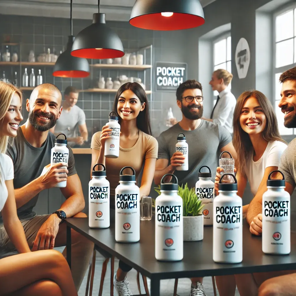 DALL·E 2024-08-15 16.23.23 - A realistic image featuring a group of people in a modern kitchen or office break room, each holding a water bottle with the 'Pocket Coach' logo promi.webp