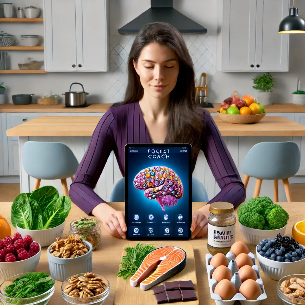 DALL·E 2024-08-15 16.34.06 - A realistic image of a young woman sitting at a kitchen table, surrounded by a variety of brain-boosting foods like salmon, nuts, berries, leafy green.webp