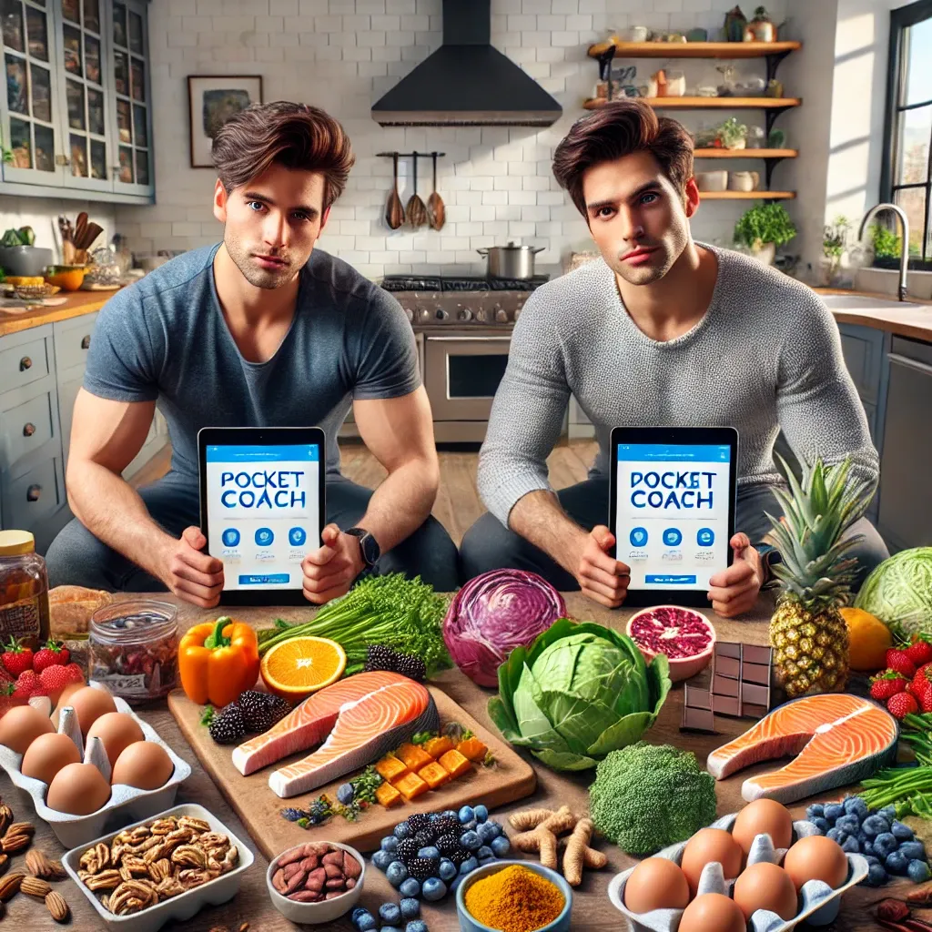 DALL·E 2024-08-15 16.35.00 - A hyper-realistic image of two young men sitting at a kitchen table, surrounded by a variety of brain-boosting foods like salmon, nuts, berries, leafy.webp