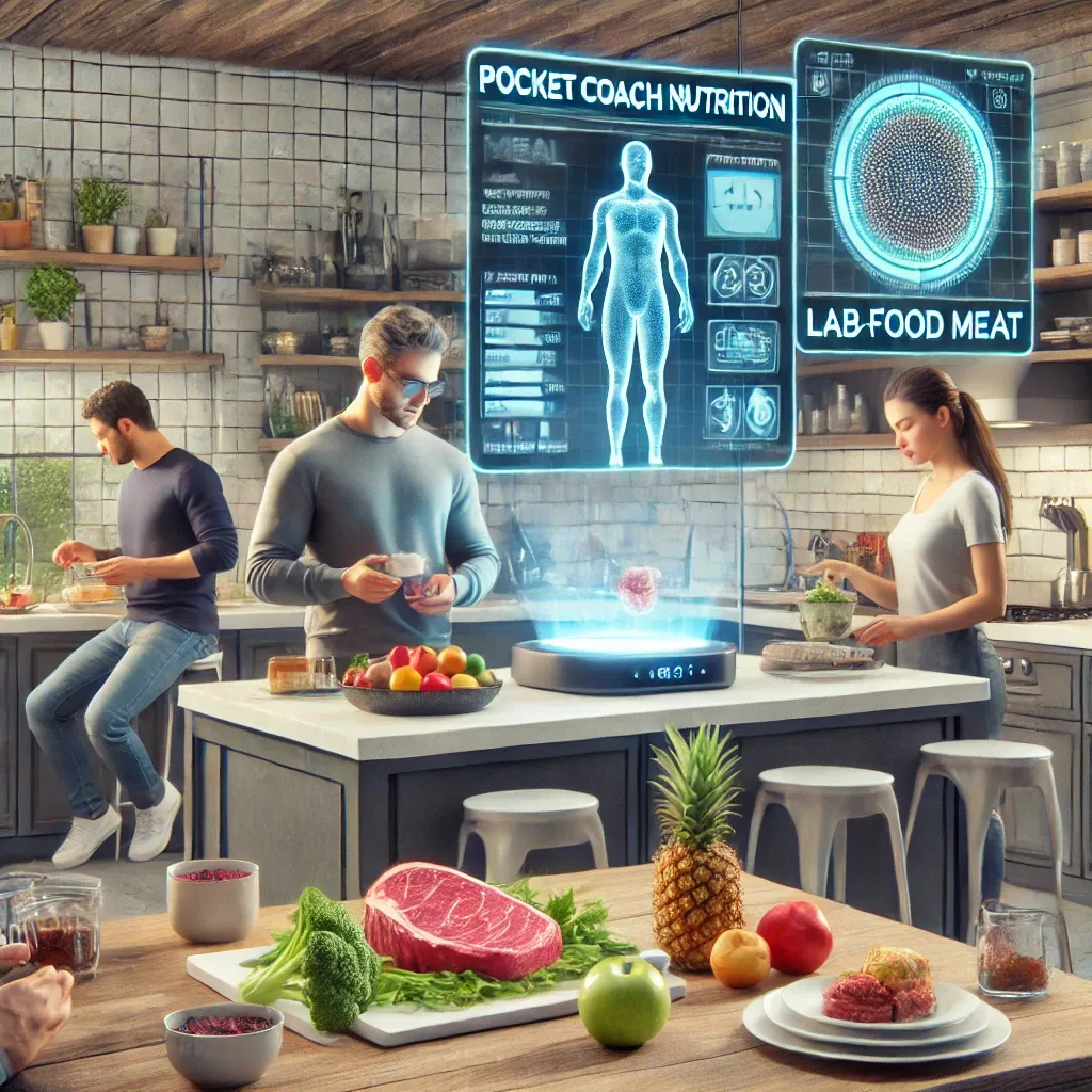 DALL·E 2024-09-03 19.59.40 - A realistic image showing people in a modern kitchen using advanced nutrition technology. One person is using a 3D food printer to create a meal, anot.webp