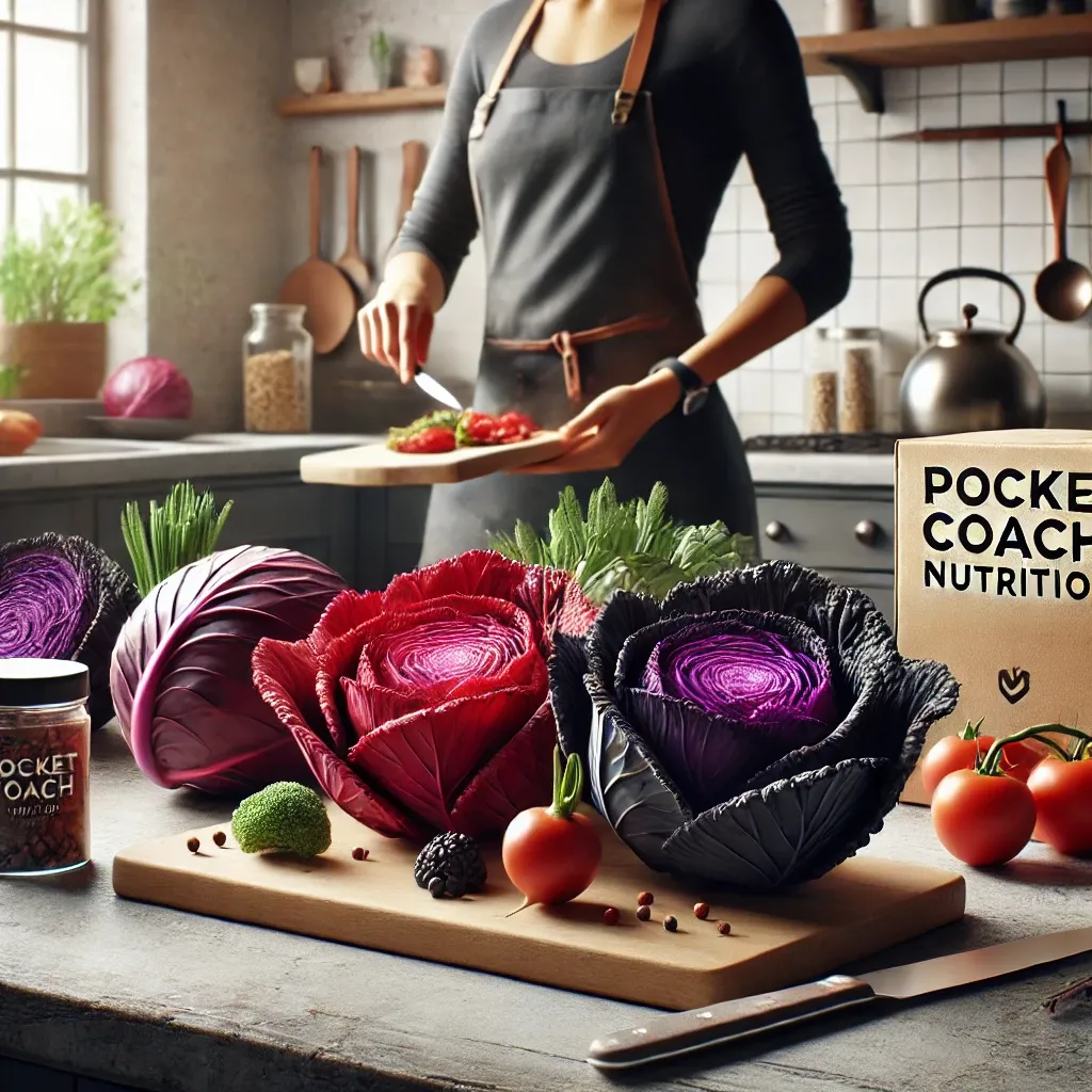 DALL·E 2024-09-03 20.01.25 - A realistic image featuring a modern kitchen setting with a focus on vibrant red and black cabbage as the central elements. The scene should include a.webp