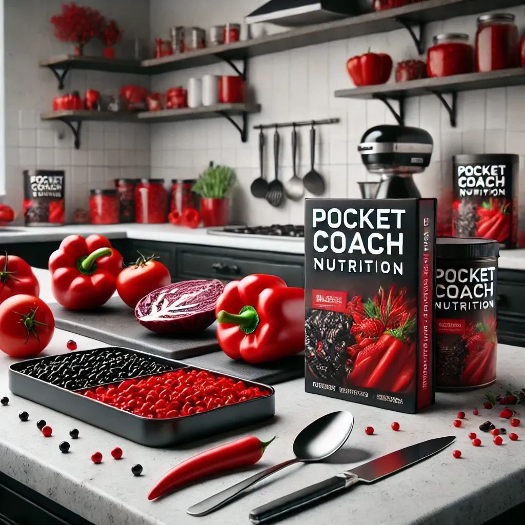 DALL·E 2024-09-03 20.21.06 - A realistic image featuring a modern kitchen scene with vibrant red and black colors. The focus is on red and black foods, such as red peppers, black .webp