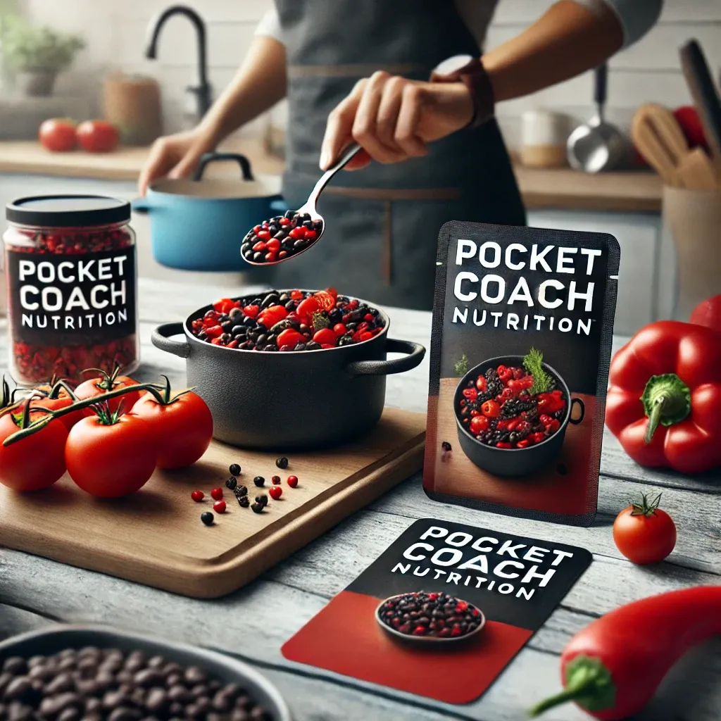 DALL·E 2024-09-03 20.21.45 - A realistic image showing a kitchen scene where the colors red and black are prominently featured. The image could include red and black foods like to.webp