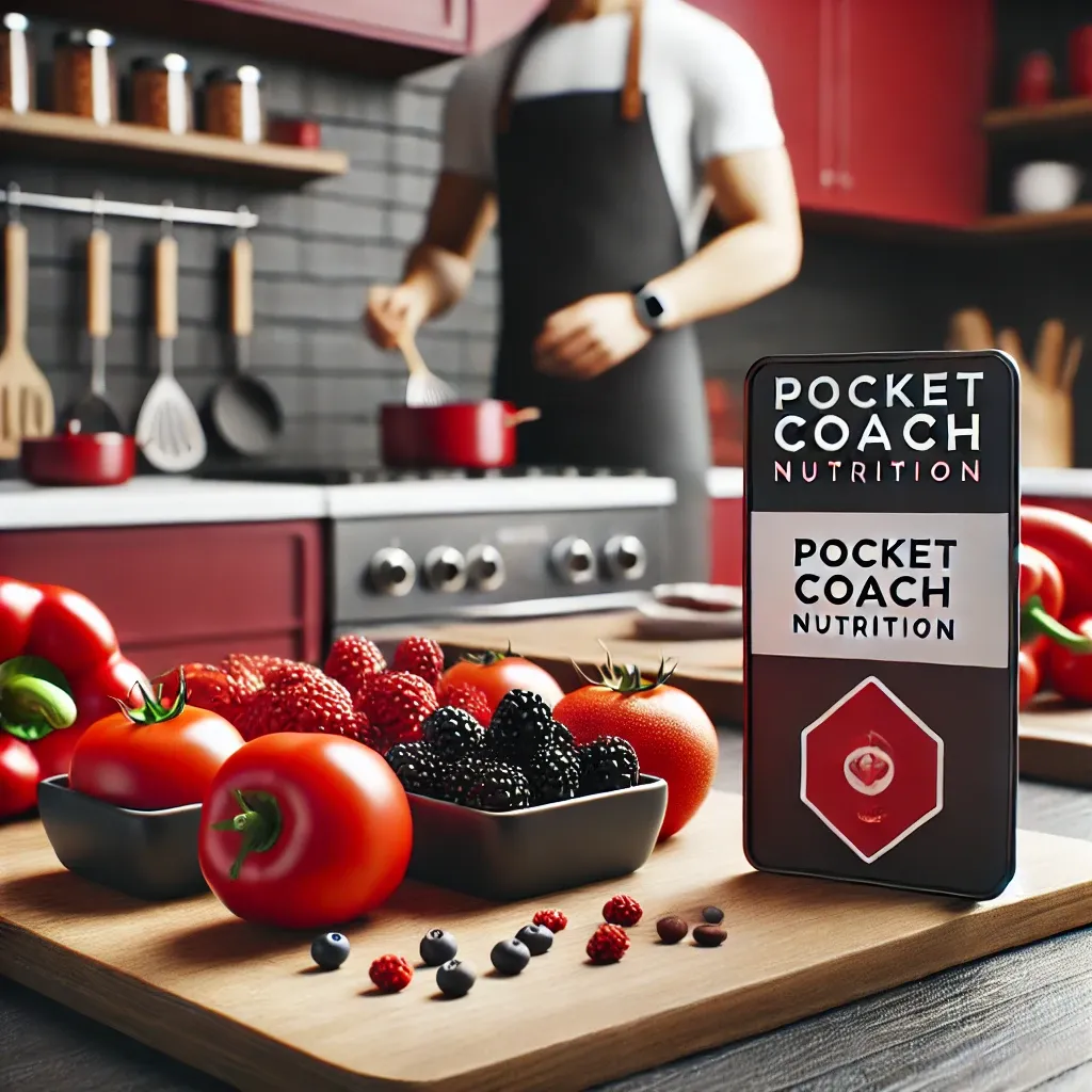 DALL·E 2024-09-03 20.23.17 - A realistic image featuring a modern kitchen with a focus on red and black colors. The image includes red and black foods like red bell peppers, black.webp