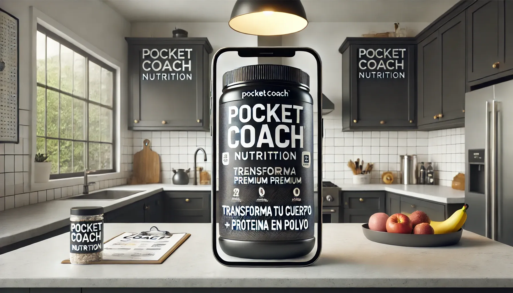 DALL·E 2024-09-04 06.00.35 - A realistic and eye-catching promotional image in a 3_1 horizontal aspect ratio for Pocket Coach Nutrition. The image features a sleek, modern kitchen.webp