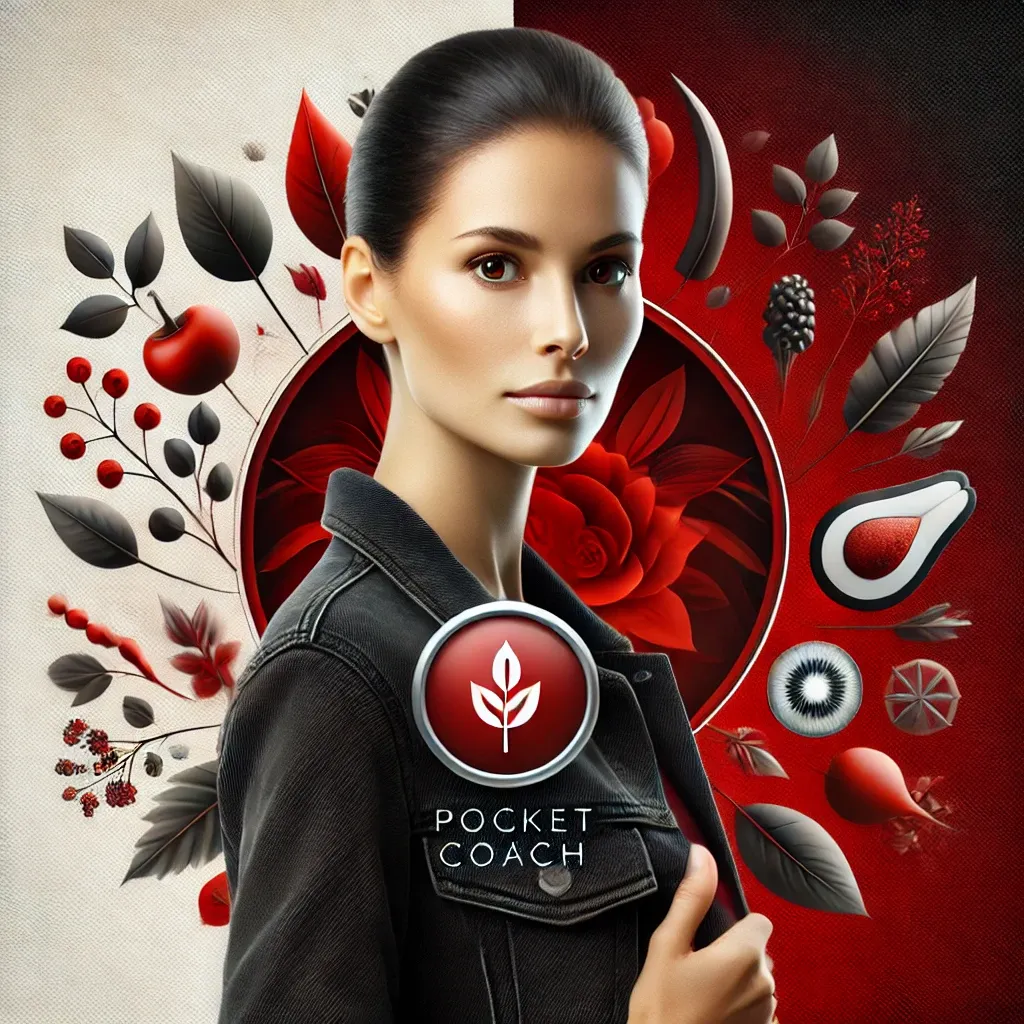 DALL·E 2024-09-08 19.19.12 - A realistic image featuring a woman in her 30s or 40s, standing confidently in a red and black-themed background. The image should incorporate symbols.webp