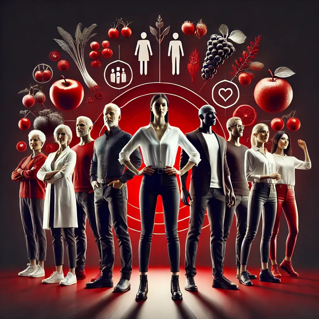 DALL·E 2024-09-08 19.19.32 - A realistic image featuring a diverse group of individuals, both men and women in their 30s or 40s, standing confidently in a red and black-themed env.webp