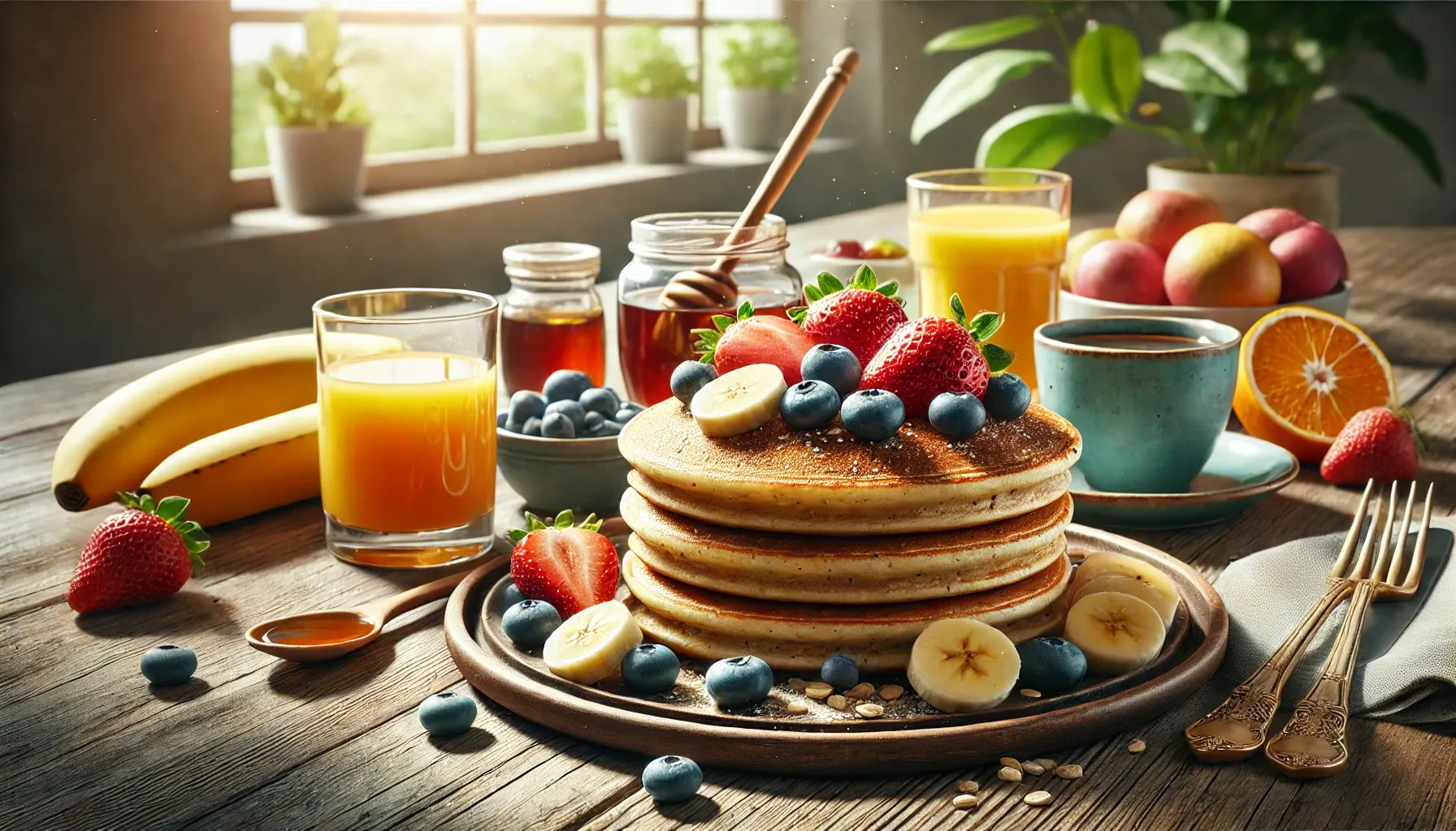 DALL·E 2024-10-14 20.01.22 - A realistic banner-sized image of a healthy pancake breakfast alternative. The pancakes are made with oatmeal flour and topped with fresh fruits like .webp