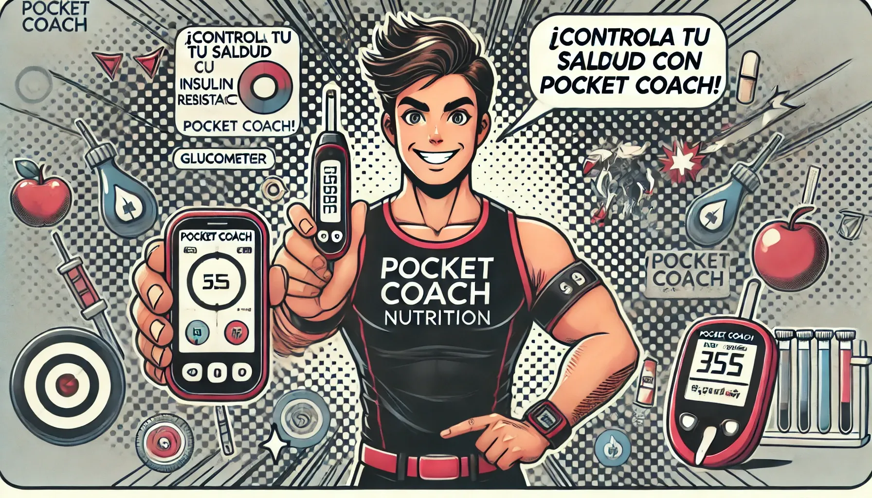 DALL·E 2024-11-04 20.30.32 - A comic-style horizontal illustration (3_1 aspect ratio) featuring a character managing diabetes and insulin resistance, using tools like a glucometer.webp