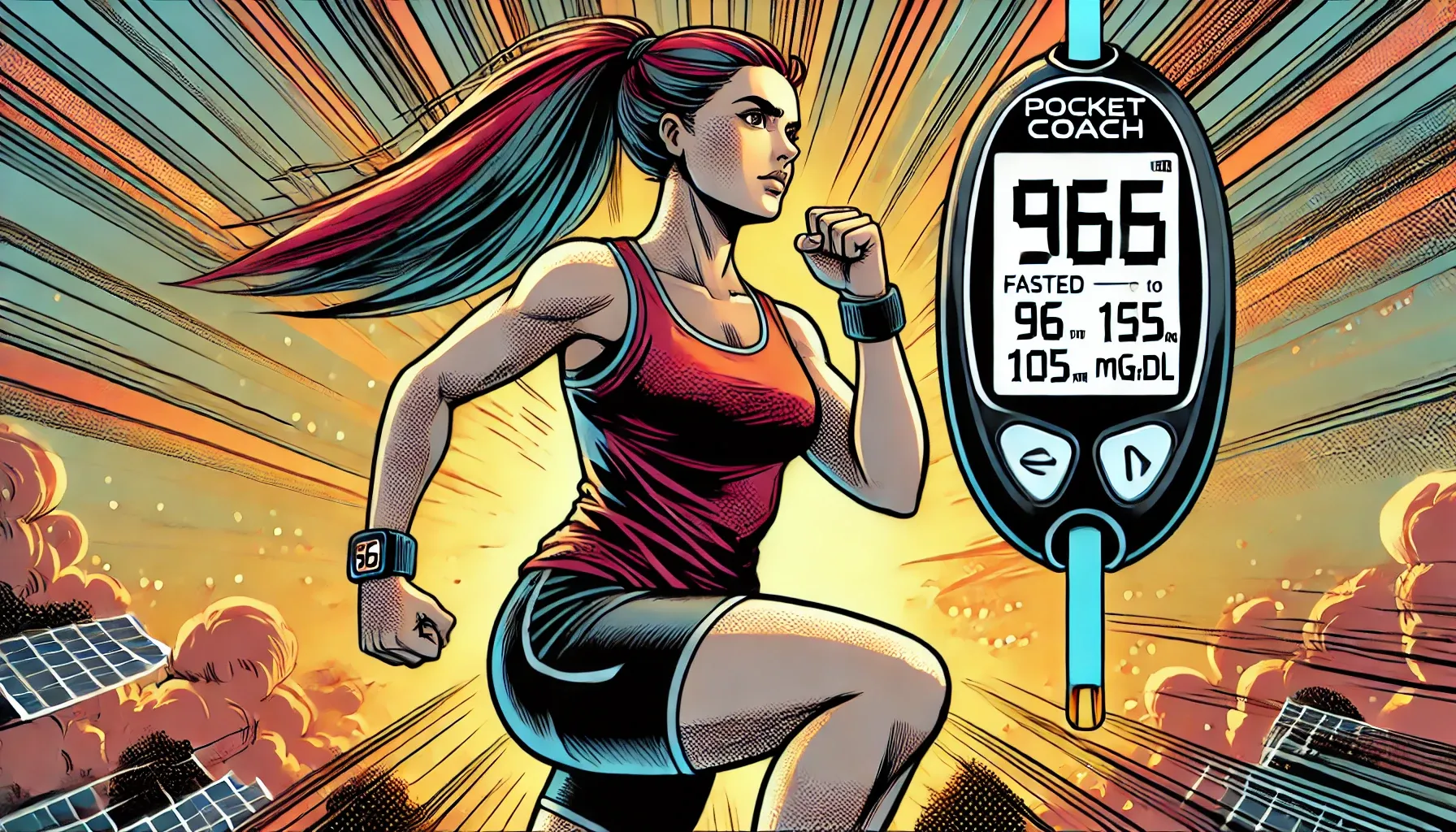 DALL·E 2024-11-04 20.51.45 - A comic-style wide image (3_1 ratio) featuring a woman running in a fasted state at dawn, showing a glucose monitor indicating an increase from 96 to .webp