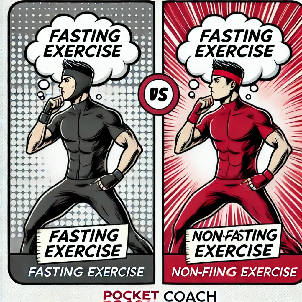 DALL·E 2024-11-04 21.13.15 - A comic-style square image depicting the concept of fasting exercise versus non-fasting exercise. The image should feature a character considering or .webp