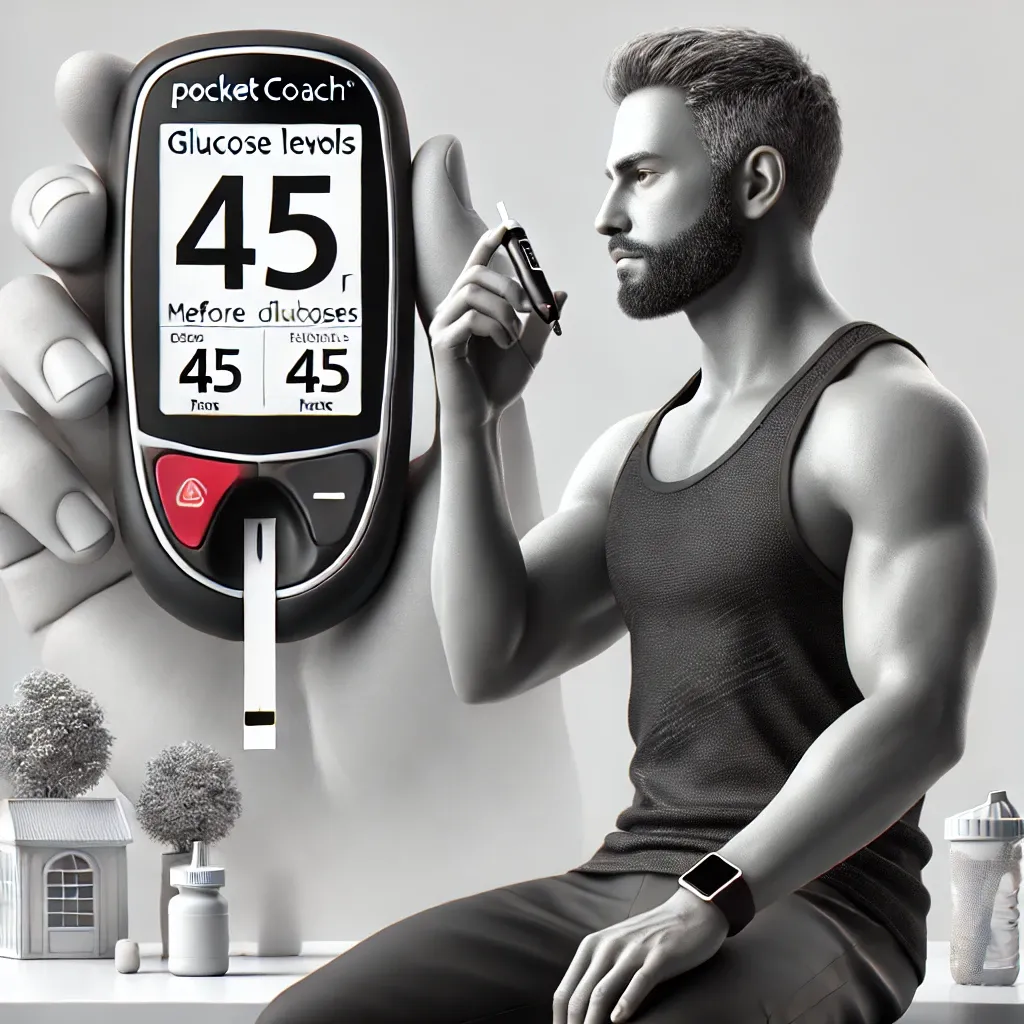 DALL·E 2024-11-05 19.51.55 - A realistic square image (1_1 ratio) featuring a sporty individual around 45 years old, measuring their glucose levels before exercise. The scene shou.webp