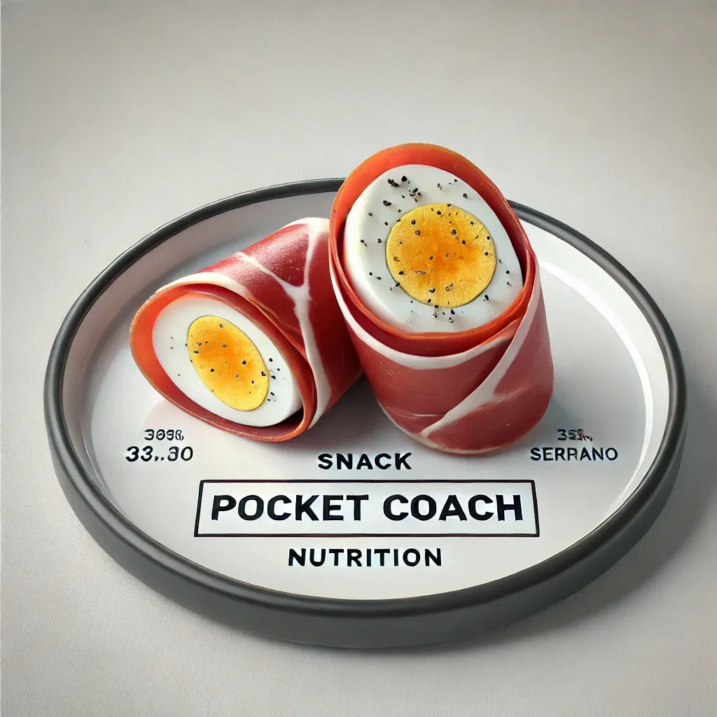 DALL·E 2024-11-18 12.53.08 - A realistic image of a snack featuring a boiled egg wrapped in slices of jamón serrano, displayed on a clean plate with a professional presentation. T.webp
