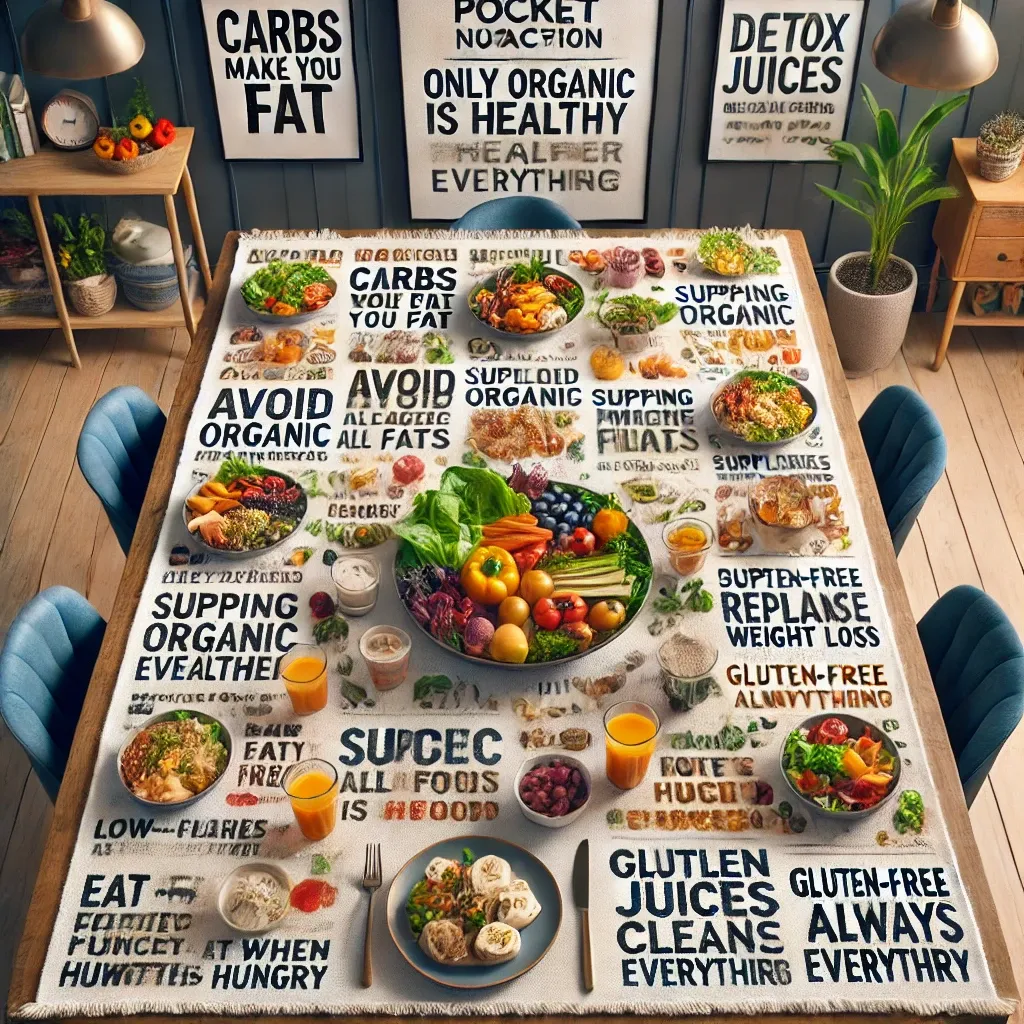 DALL·E 2024-12-19 12.26.15 - A realistic image featuring a balanced meal on a dining table with elements debunking 10 nutrition myths. The table includes colorful dishes like vege.webp