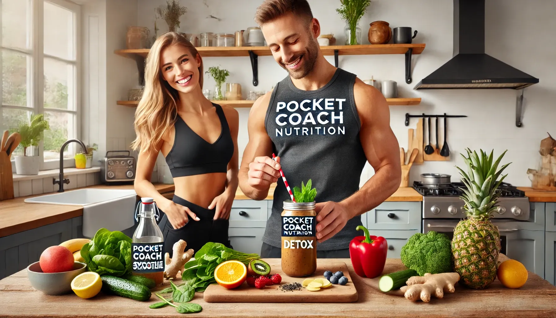 DALL·E 2025-01-02 18.41.29 - A realistic 3_1 horizontal banner image featuring a fit and healthy man and woman in a bright kitchen, preparing a detox smoothie with fresh fruits an.webp