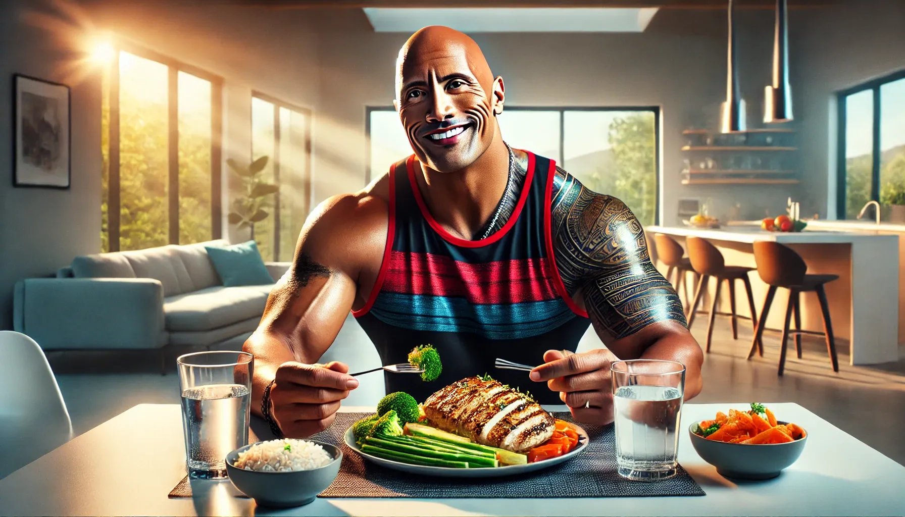DALL·E 2025-01-09 19.01.28 - A realistic wide image (3_1 ratio) featuring Dwayne 'The Rock' Johnson sitting at a dining table, eating a healthy and large meal that includes grille.webp