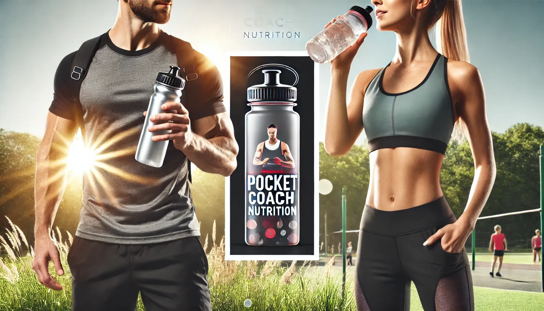 DALL·E 2025-01-15 14.18.16 - A realistic 3_1 horizontal banner image featuring a fit and healthy man and woman outdoors, both holding reusable water bottles and hydrating. The set.webp