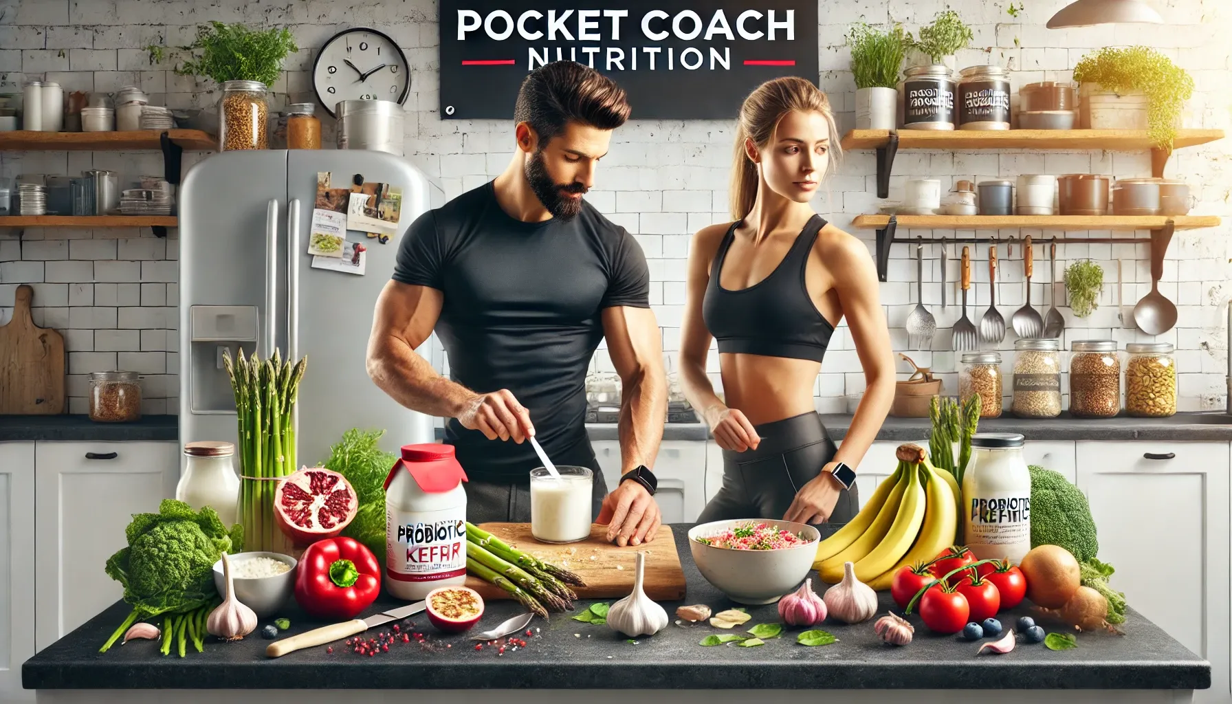 DALL·E 2025-01-20 20.39.09 - A realistic 3_1 horizontal banner image featuring a fit and healthy man and woman in a modern kitchen, showcasing foods rich in probiotics and prebiot.webp