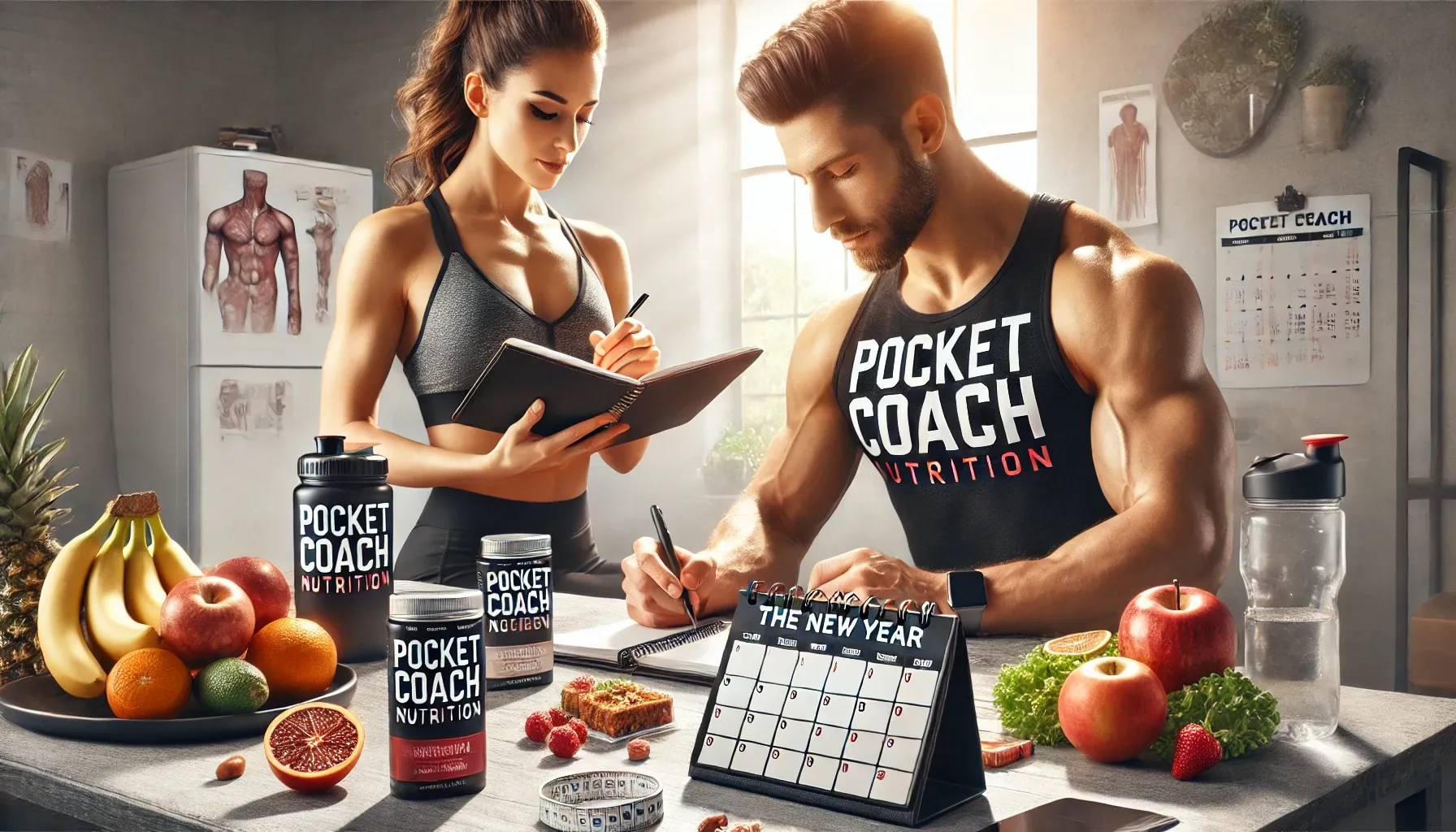 DALL·E 2025-01-21 19.27.15 - A realistic 3_1 horizontal banner image featuring a fit and healthy man and woman sitting at a table with a notebook, calendar, and healthy snacks. Th.webp